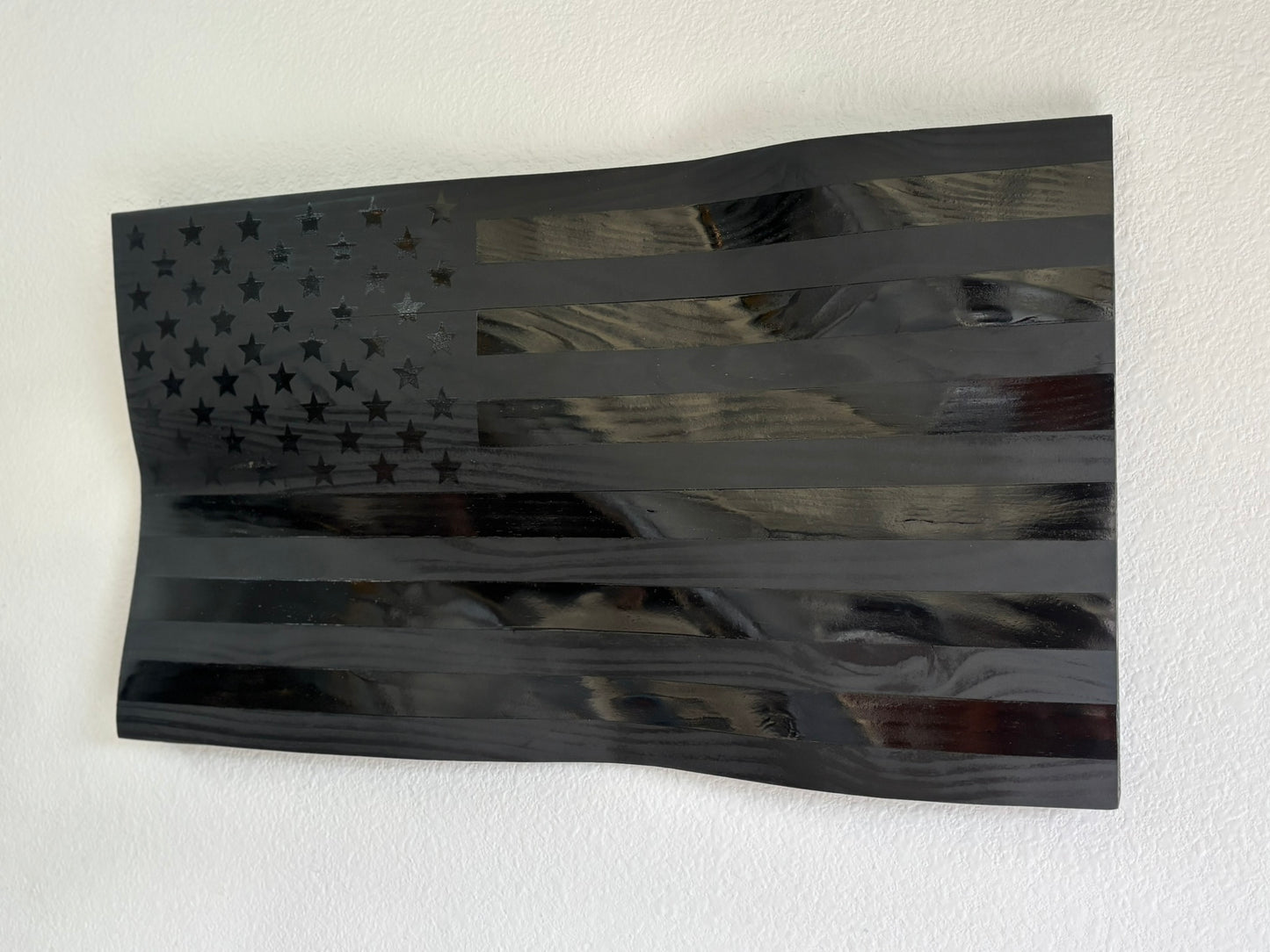 Handcrafted Waving Wooden American Flag – Blacked Out Wavy Wooden American Flag - Modern Patriotic Wall Art - “No Quarter Flag”