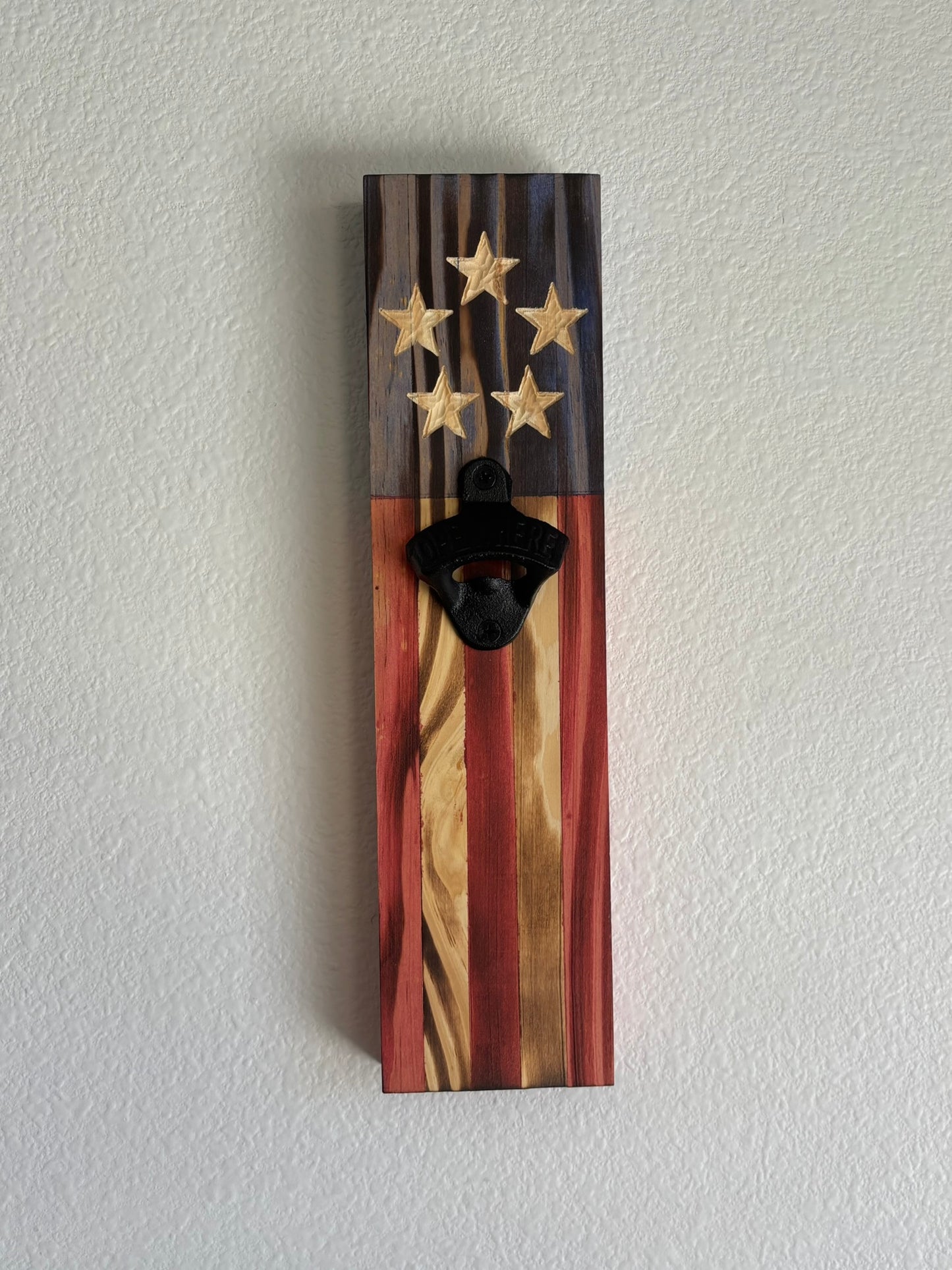 Rugged Cross Creations Handcrafted American Flag Bottle Opener – Rustic Wall-Mounted Beer Opener with Unique Carved Stars – 5 Stripe Variation