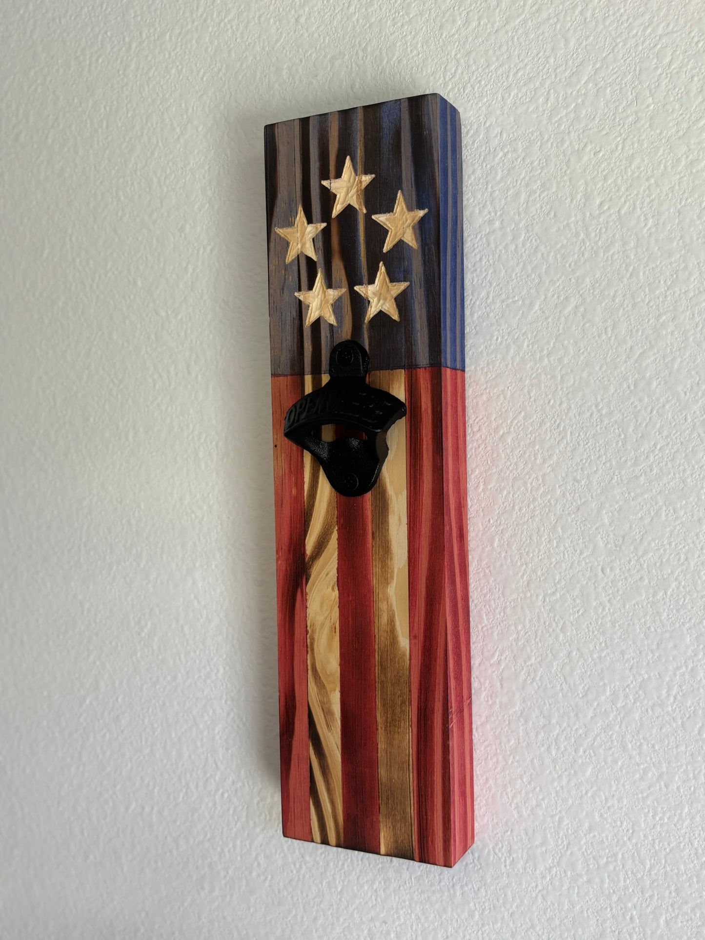 Rugged Cross Creations Handcrafted American Flag Bottle Opener – Rustic Wall-Mounted Beer Opener with Unique Carved Stars – 5 Stripe Variation