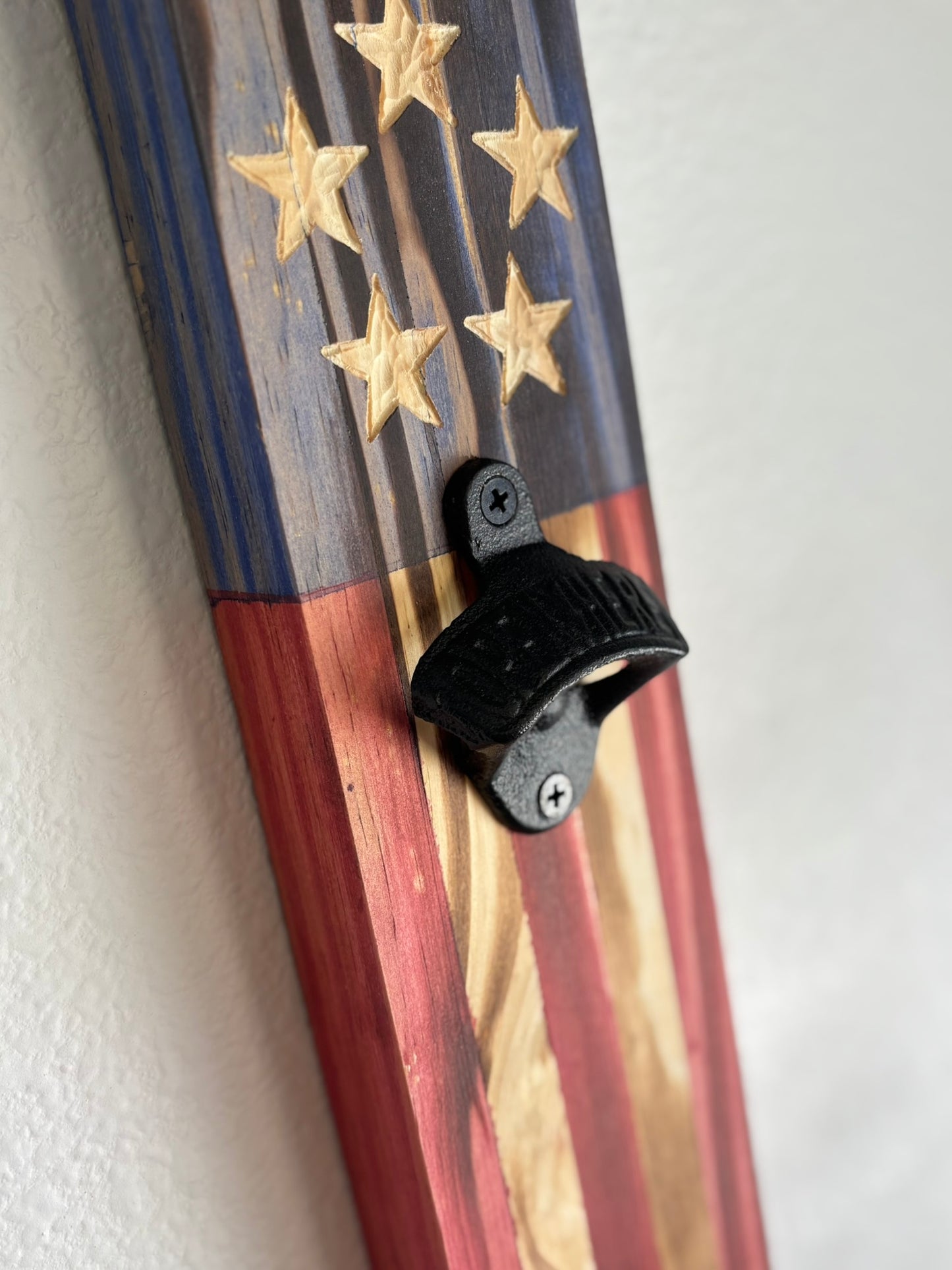 Rugged Cross Creations Handcrafted American Flag Bottle Opener – Rustic Wall-Mounted Beer Opener with Unique Carved Stars – 5 Stripe Variation