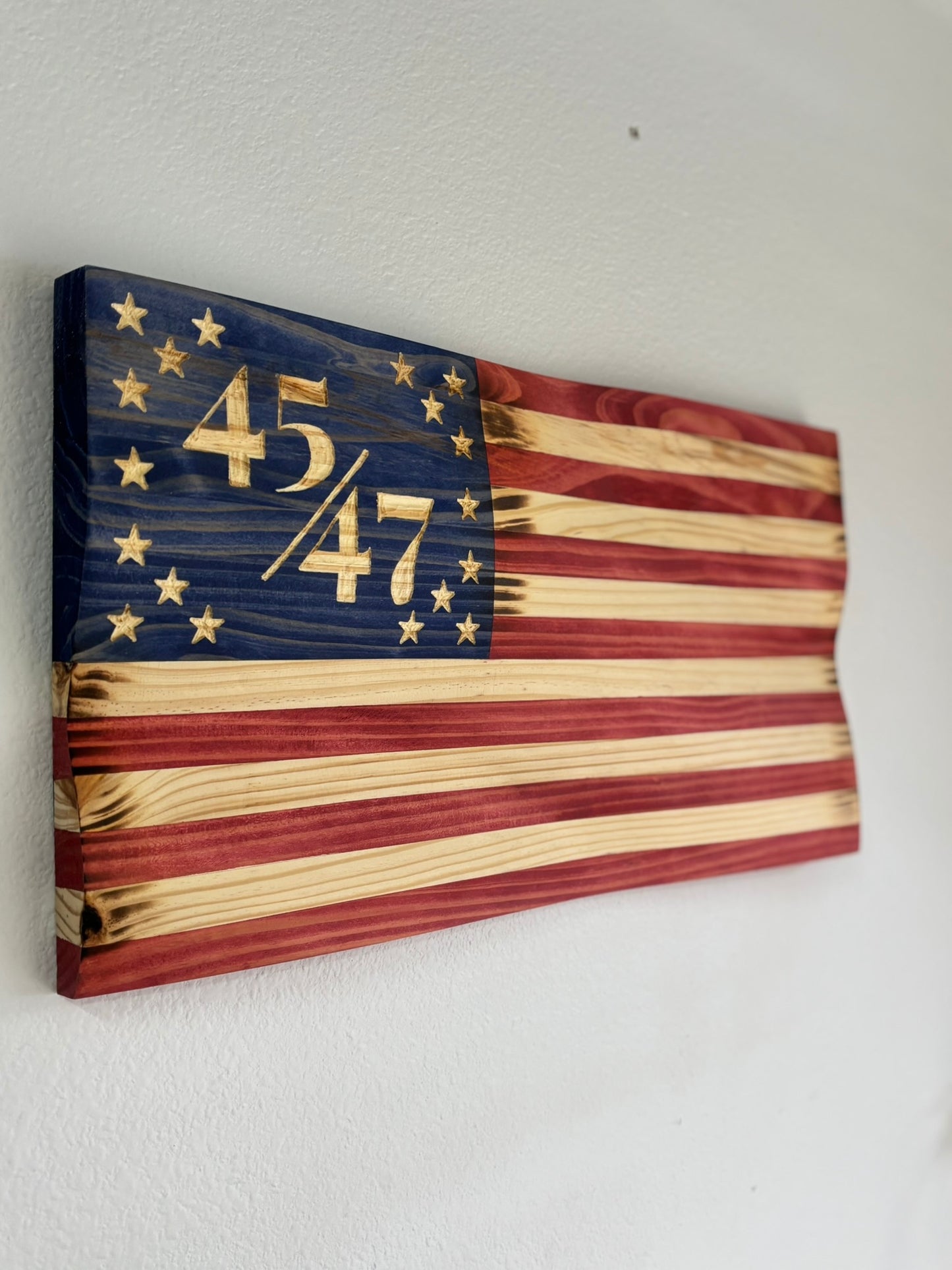 Handcrafted Burnt Waving Wooden 45/47 Flag – Rustic Patriotic Wall Art Decoration