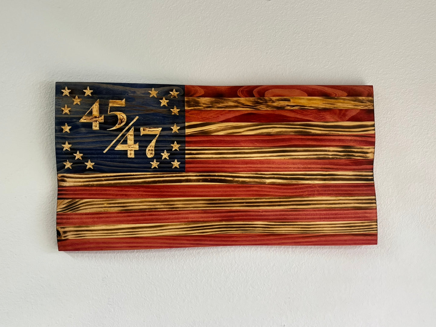 Handcrafted Extra Burnt Waving Wooden 45/47 Flag – Rustic Patriotic Wall Art Decoration