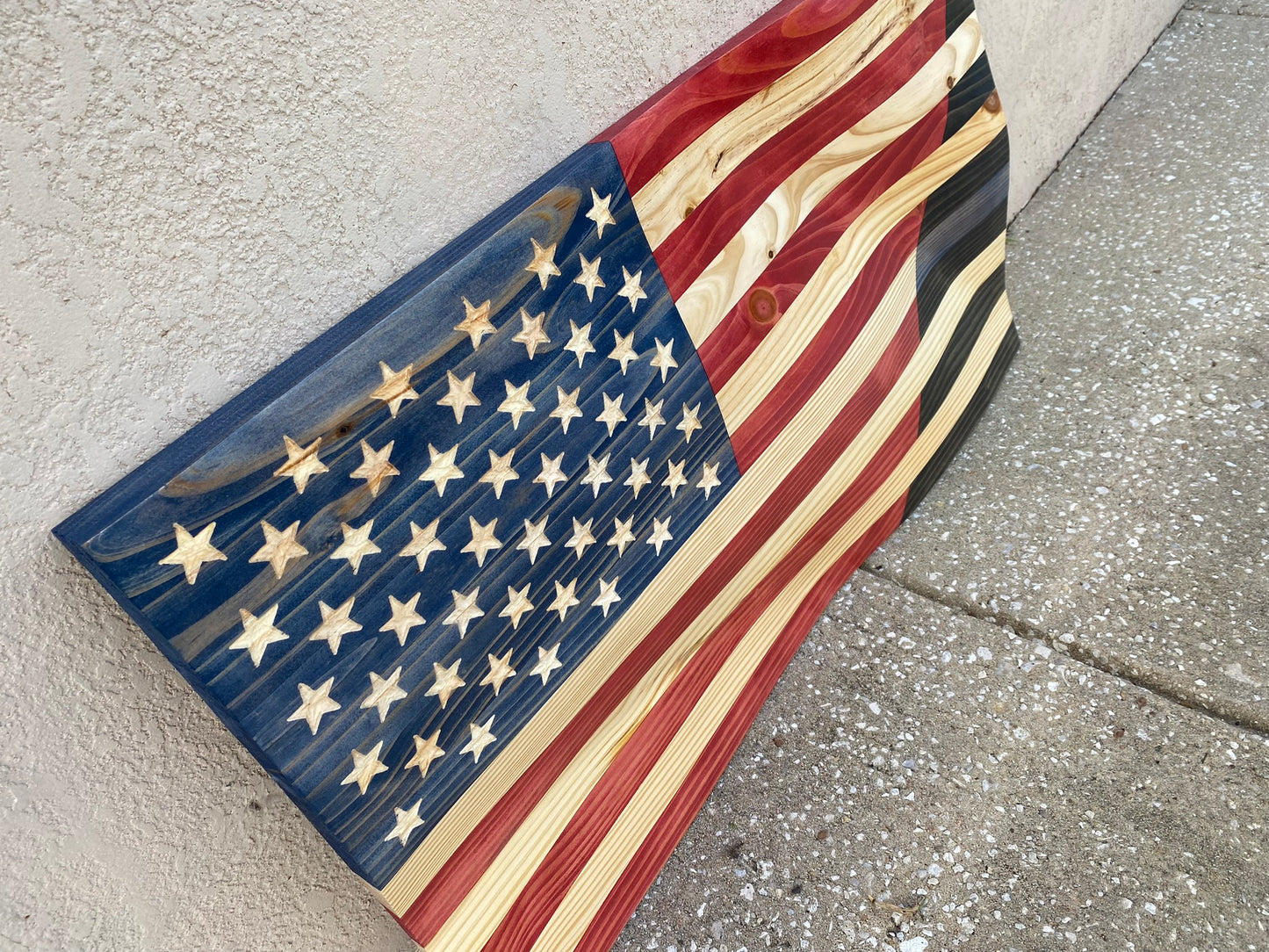 Waving Wooden Half American/Half Police Thin Blue Line Flag