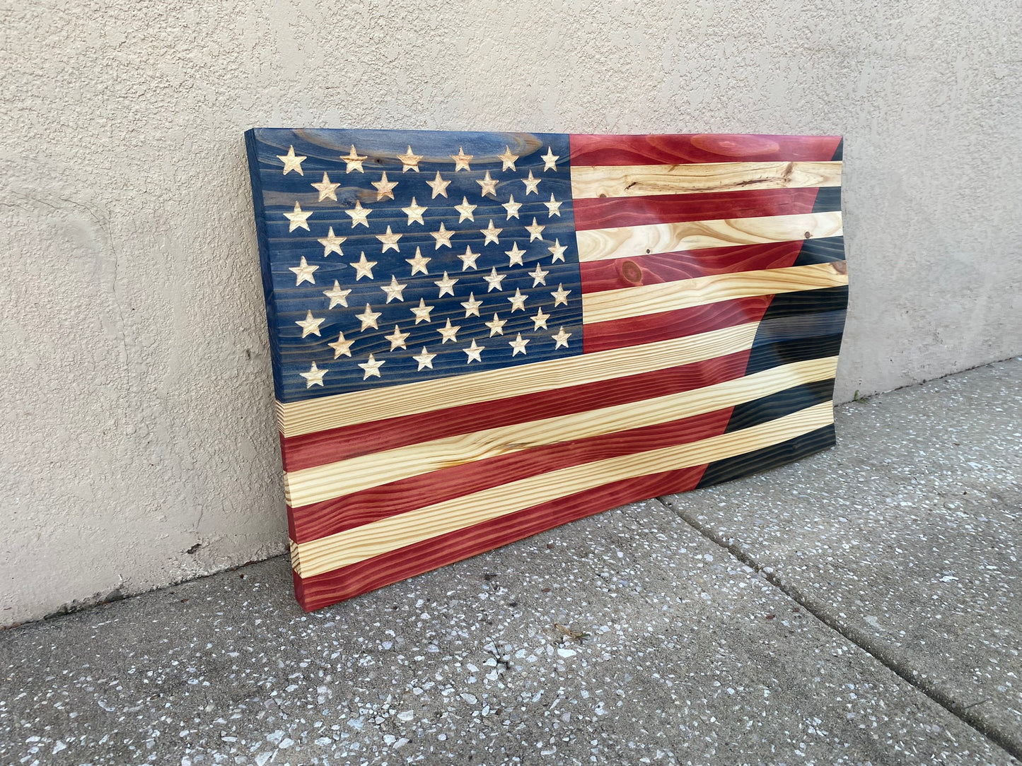 Waving Wooden Half American/Half Police Thin Blue Line Flag