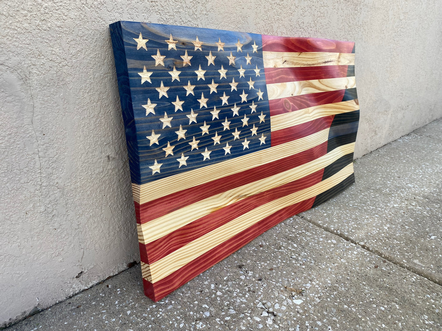 Waving Wooden Half American/Half Police Thin Blue Line Flag