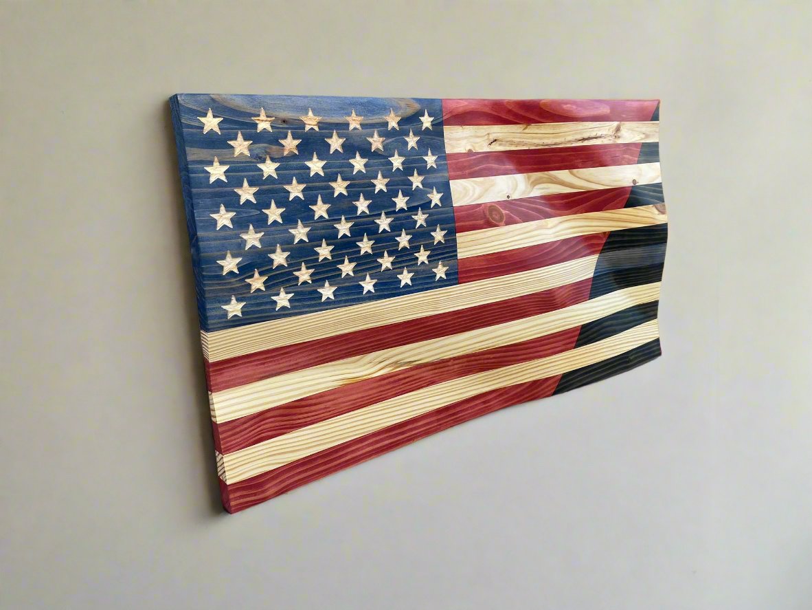 Waving Wooden Half American/Half Police Thin Blue Line Flag