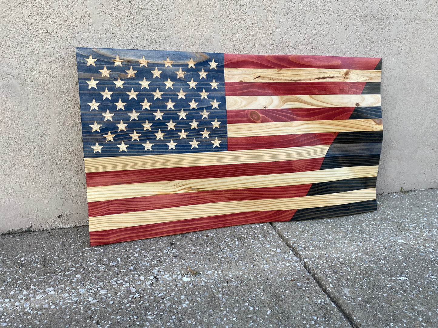 Waving Wooden Half American/Half Police Thin Blue Line Flag
