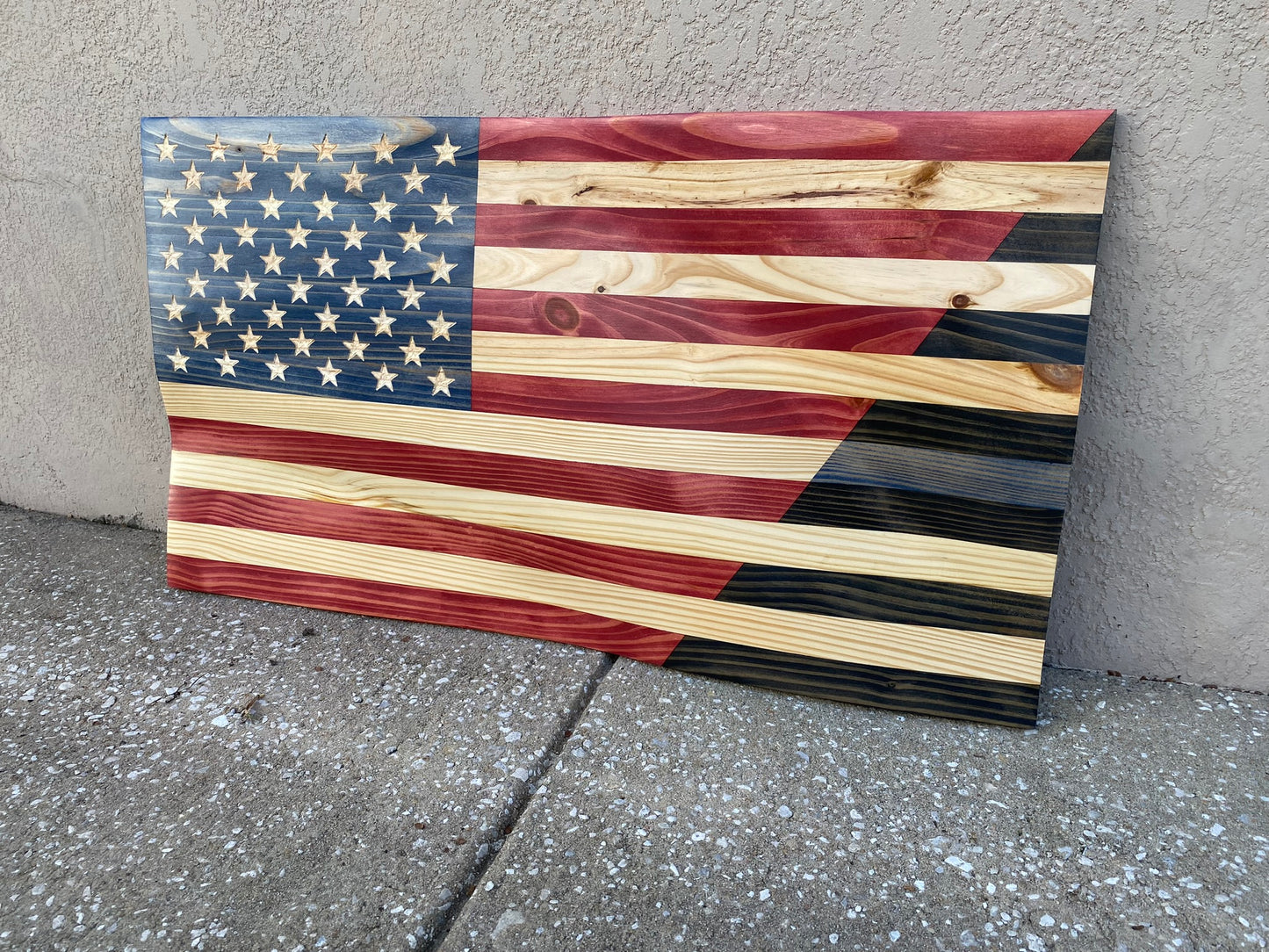 Waving Wooden Half American/Half Police Thin Blue Line Flag