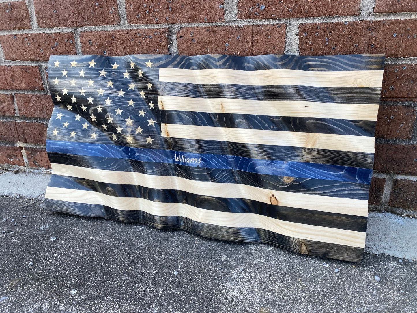 Waving Wooden Thin Blue Line Police Flag