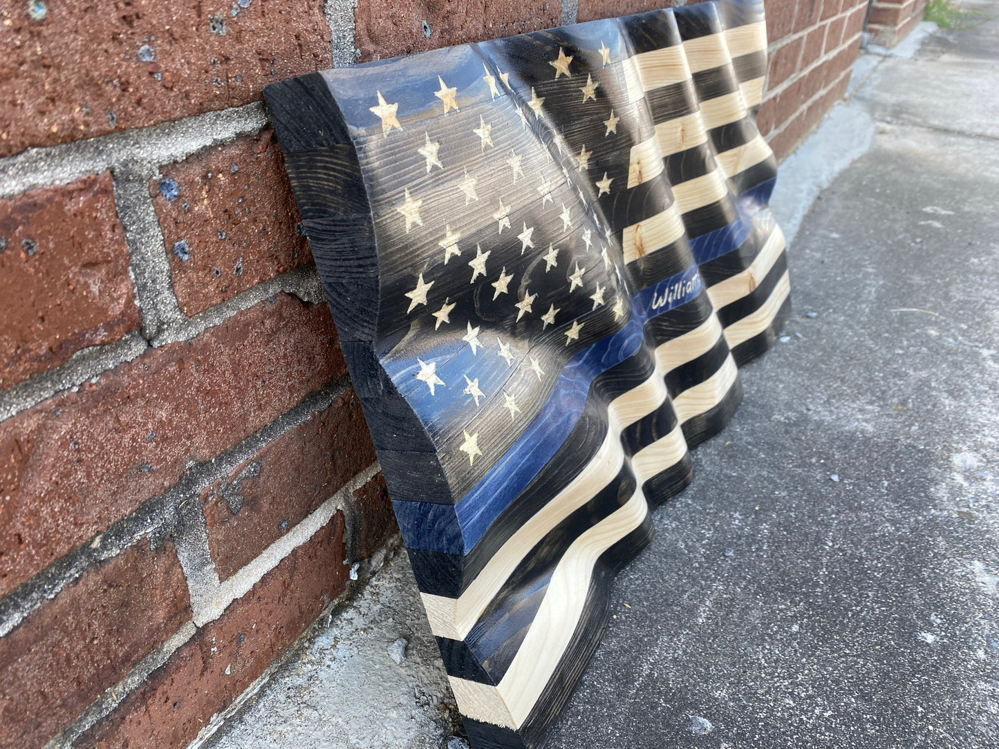 Waving Wooden Thin Blue Line Police Flag