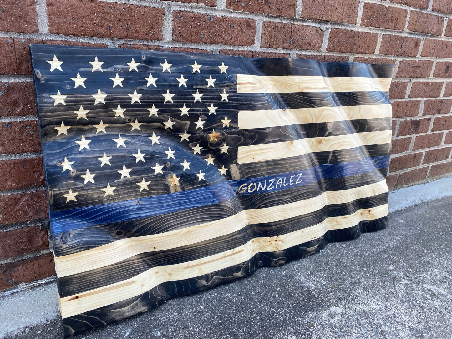 Waving Wooden Thin Blue Line Police Flag