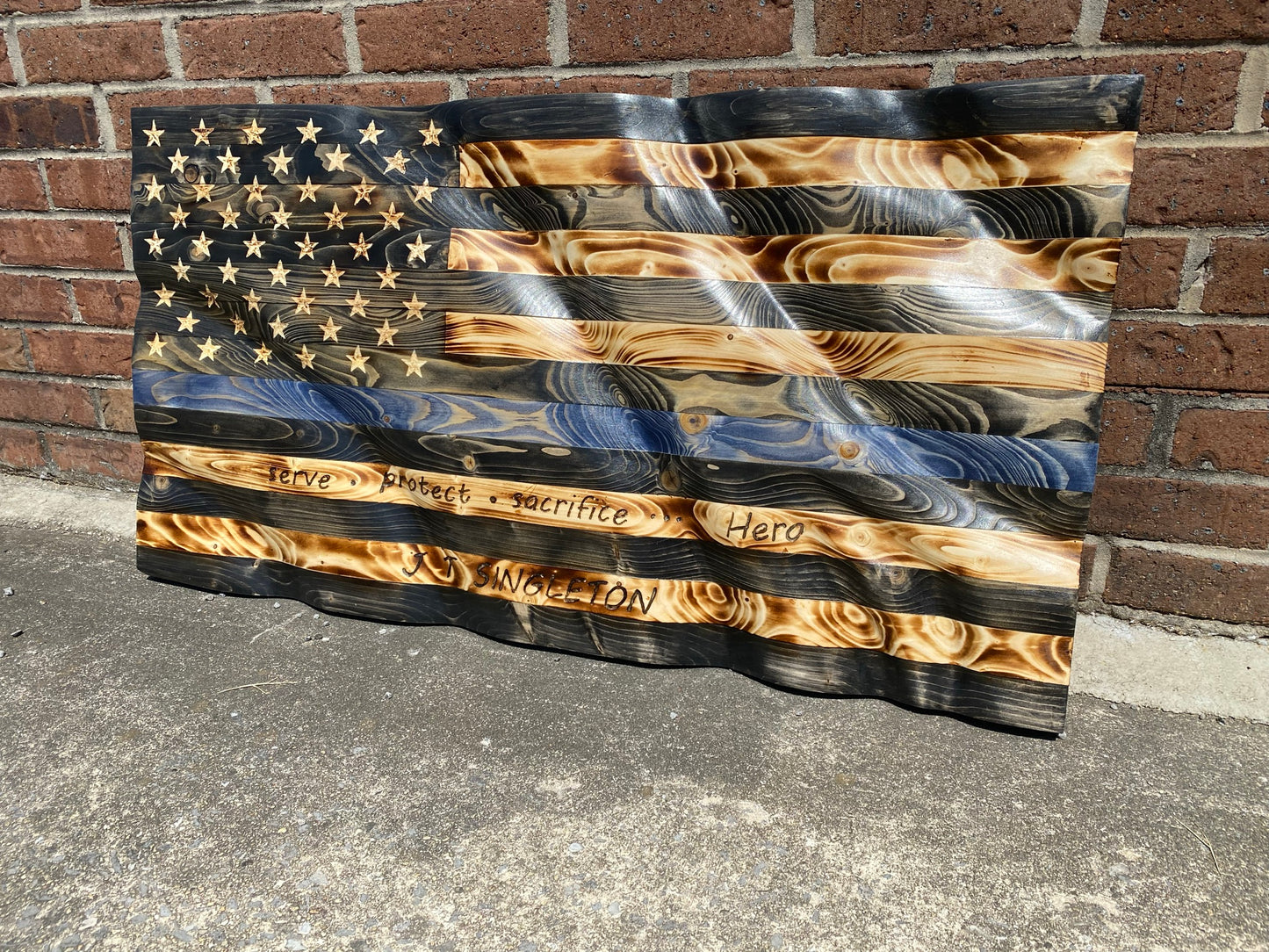 Waving Wooden Extra Rustic Wood Burnt Thin Blue Line Police Flag