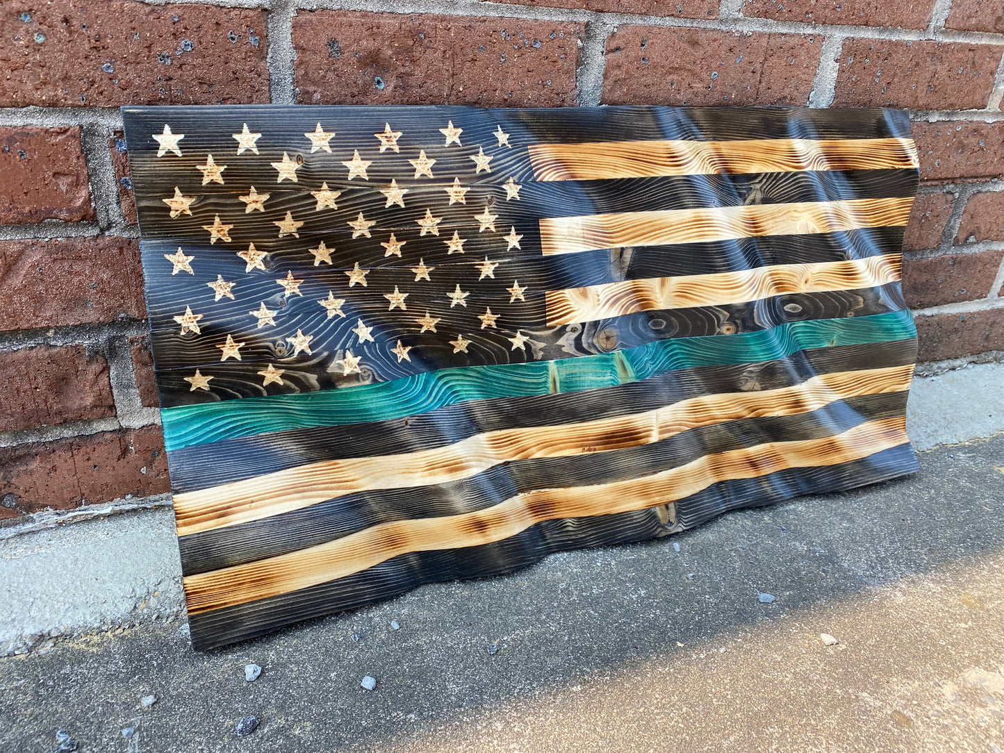 Waving Wooden Extra Rustic Wood Burnt Thin Green Line Armed Forces Flag