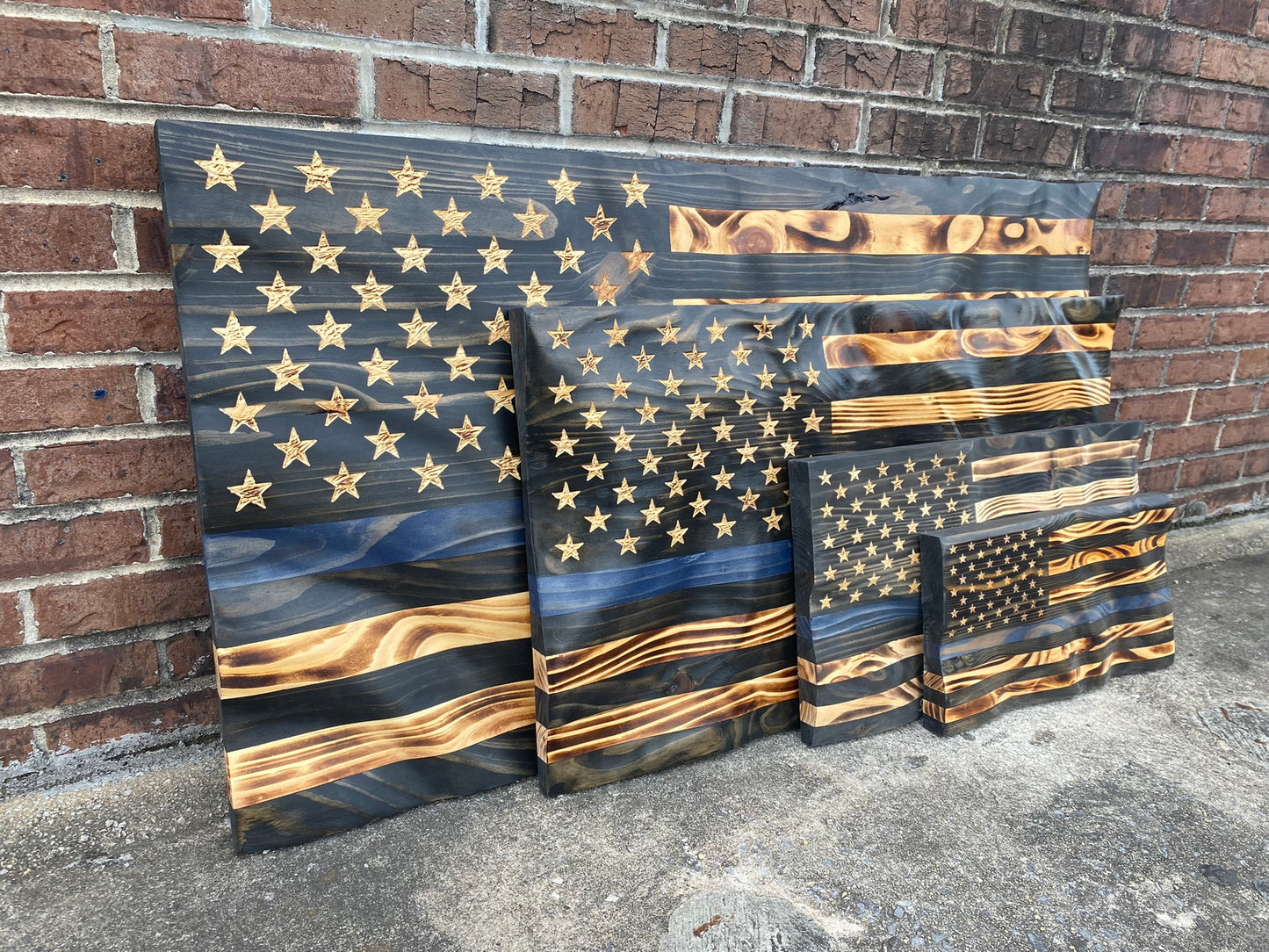Waving Wooden Extra Rustic Wood Burnt Thin Blue Line Police Flag