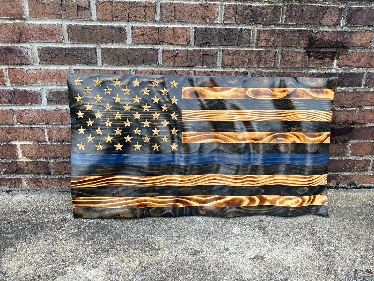 Waving Wooden Extra Rustic Wood Burnt Thin Blue Line Police Flag