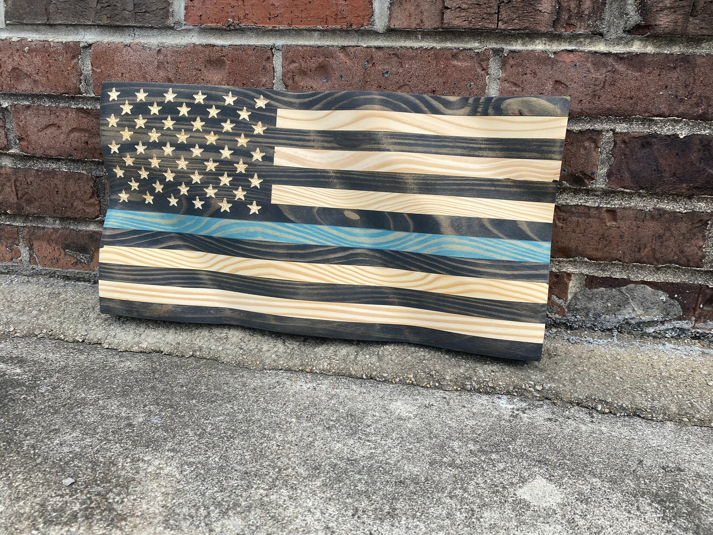 Waving Wooden Thin Teal Line Flag