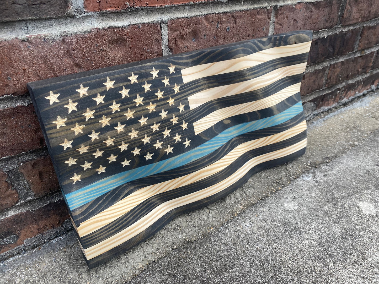 Waving Wooden Thin Teal Line Flag