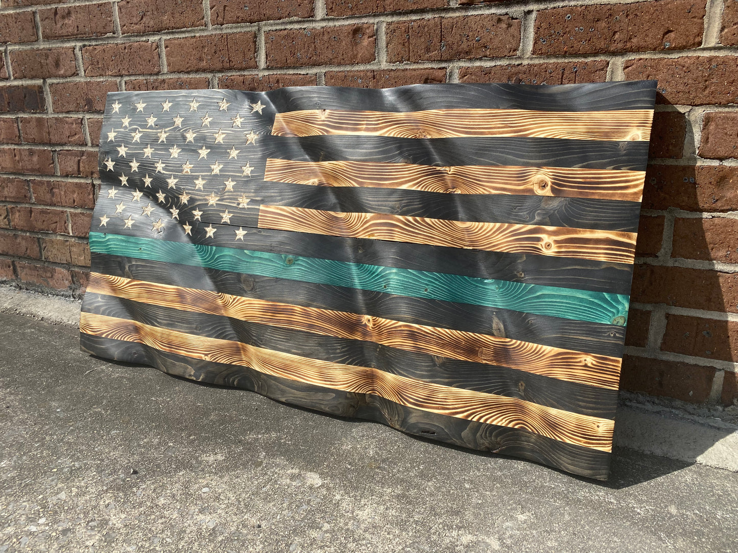 Waving Wooden Extra Rustic Wood Burnt Thin Green Line Armed Forces Flag