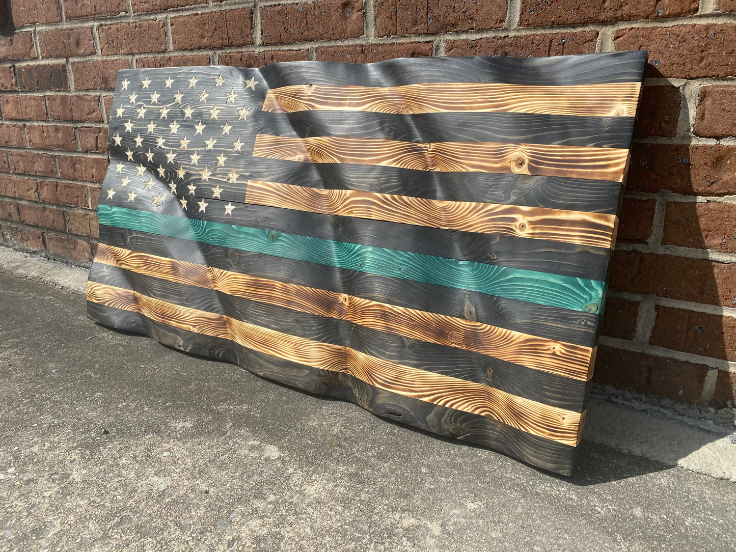 Waving Wooden Extra Rustic Wood Burnt Thin Green Line Armed Forces Flag