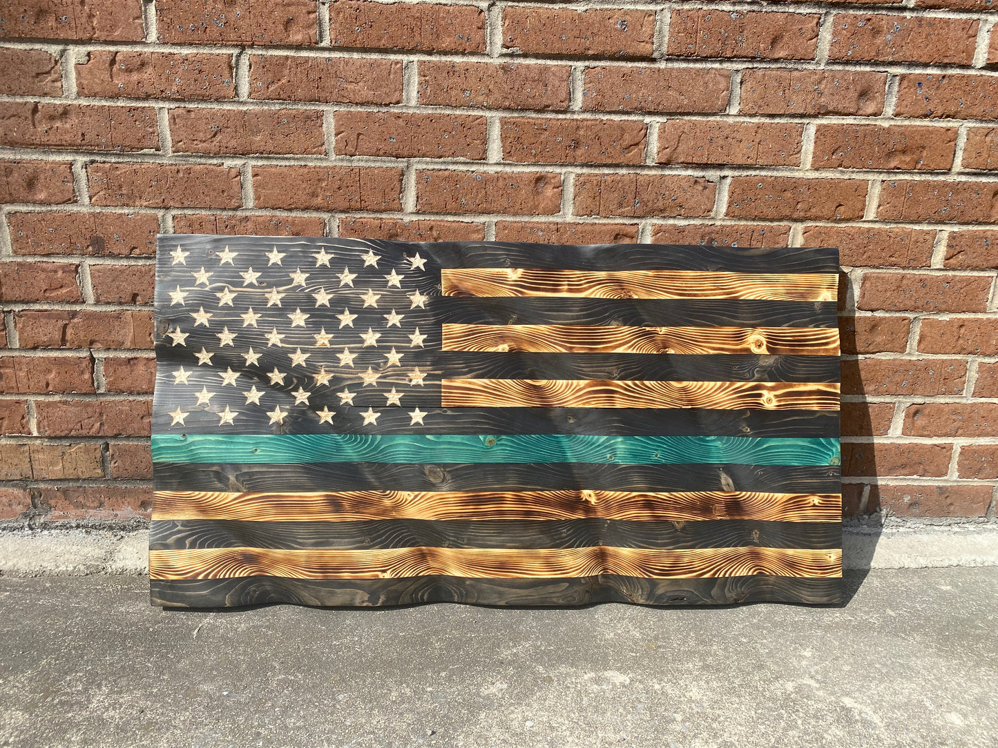 Waving Wooden Extra Rustic Wood Burnt Thin Green Line Armed Forces Flag