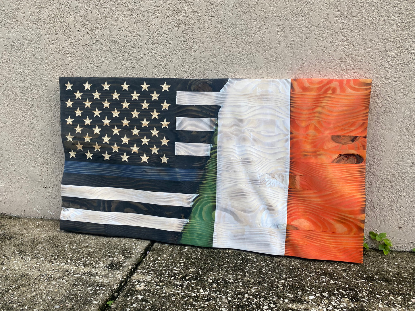 Waving Wooden Half Ireland/Half Police Thin Blue Line Flag
