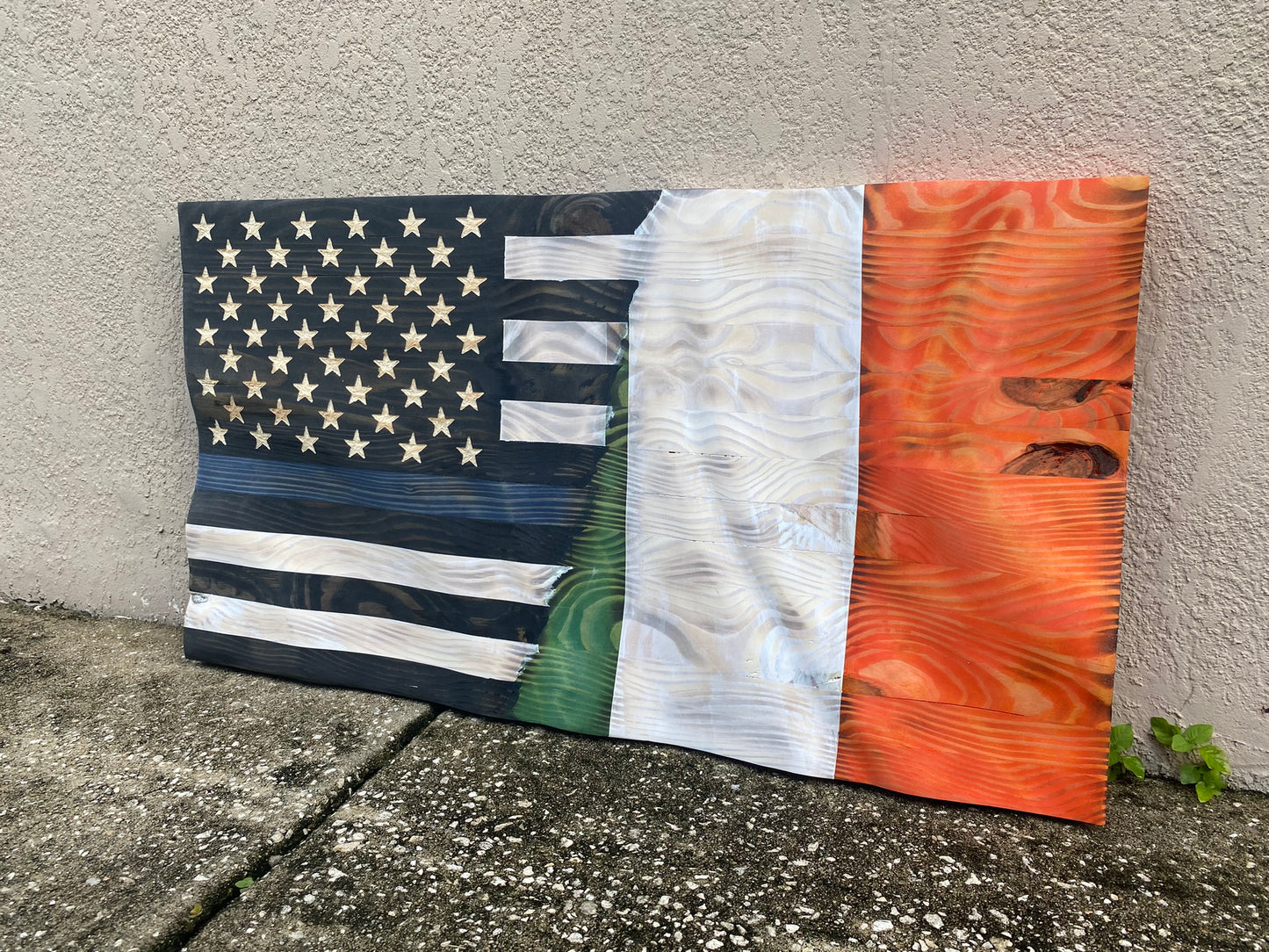 Waving Wooden Half Ireland/Half Police Thin Blue Line Flag