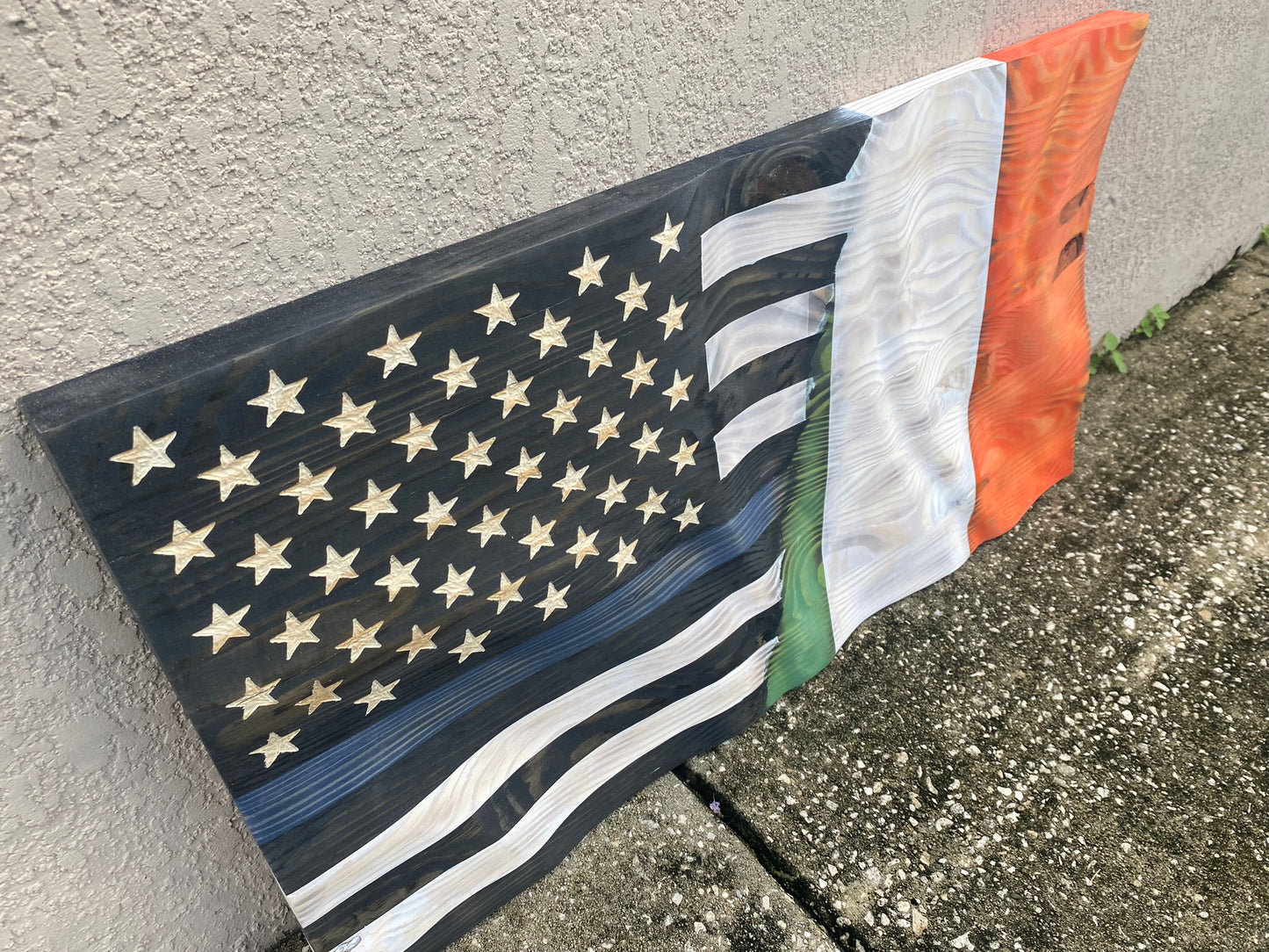 Waving Wooden Half Ireland/Half Police Thin Blue Line Flag