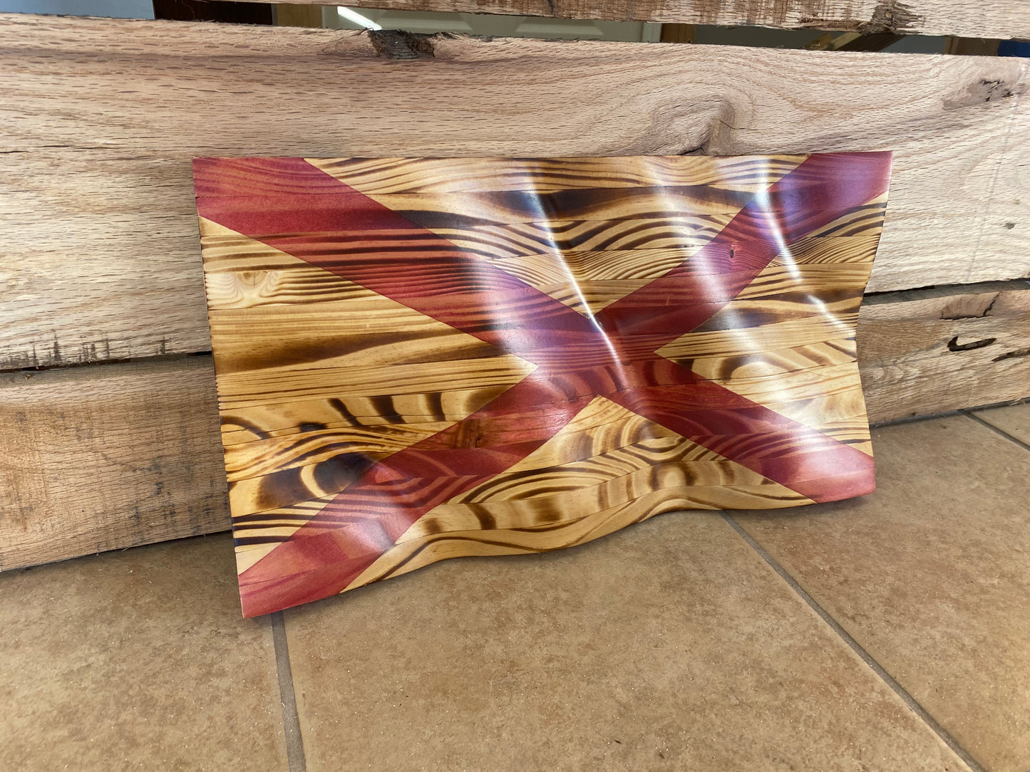 Waving Wooden Rustic Wood Burnt State of Alabama Flag