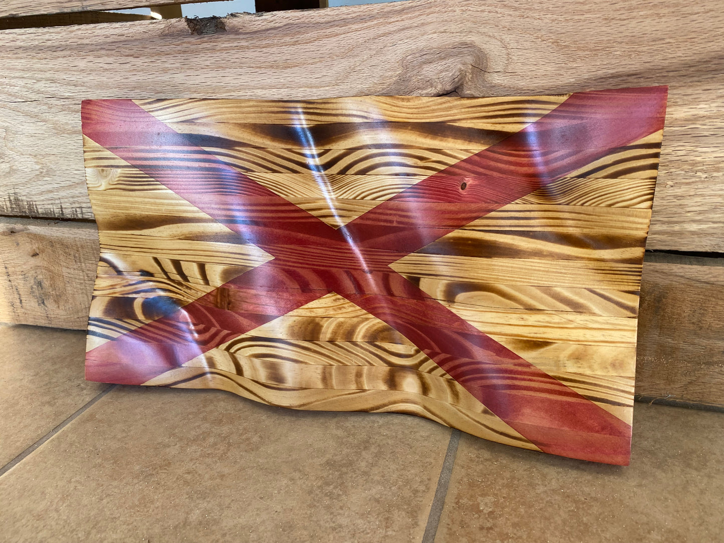 Waving Wooden Rustic Wood Burnt State of Alabama Flag