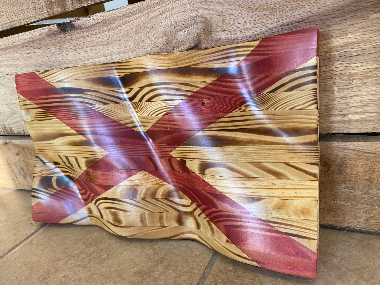 Waving Wooden Rustic Wood Burnt State of Alabama Flag