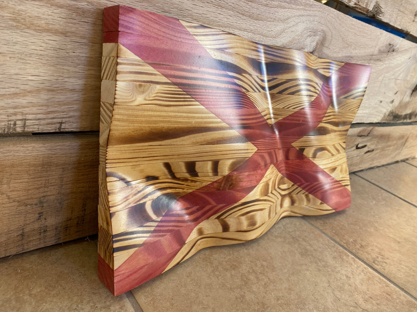 Waving Wooden Rustic Wood Burnt State of Alabama Flag