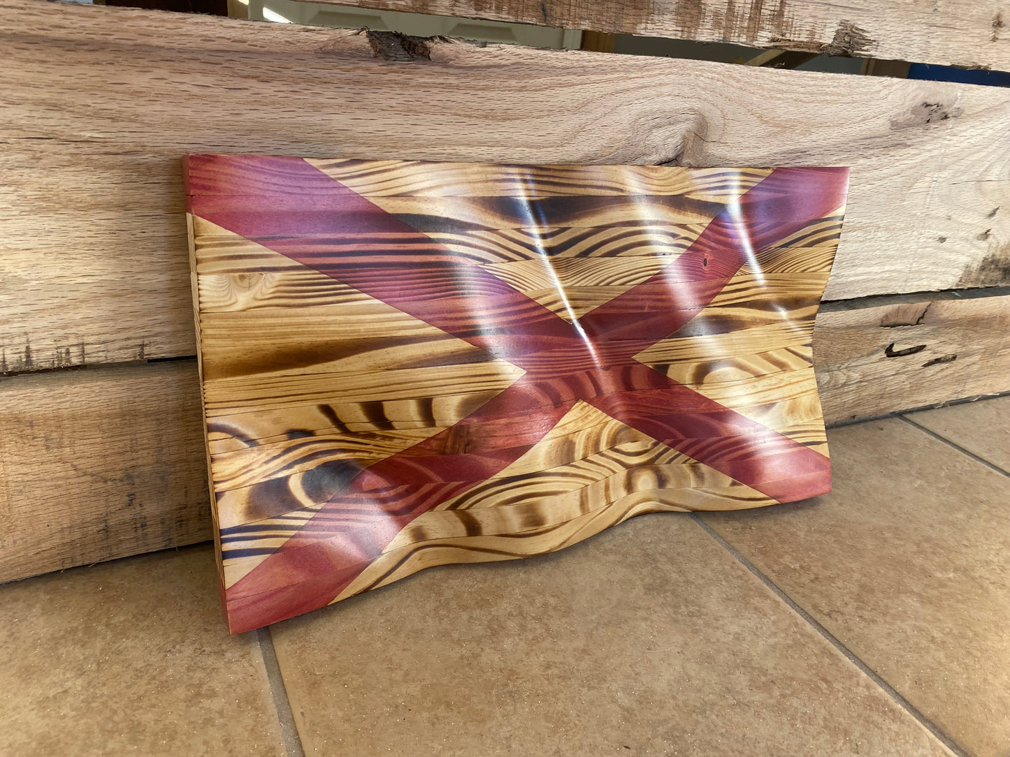 Waving Wooden Rustic Wood Burnt State of Alabama Flag