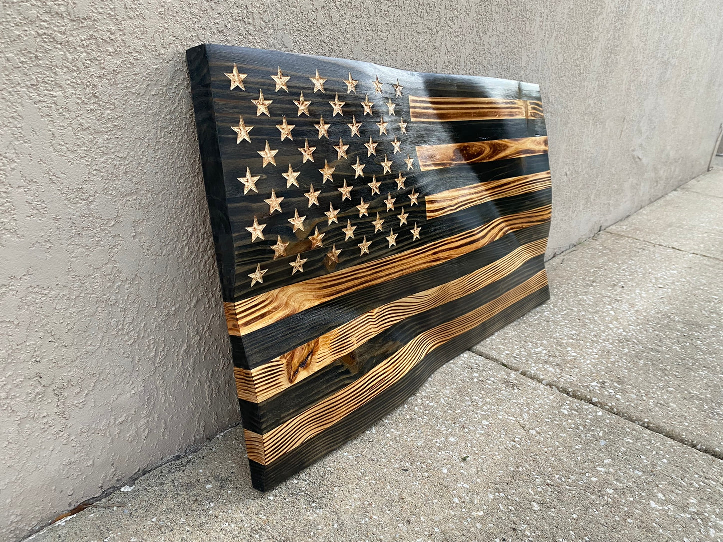 Waving Wooden Extra Rustic Wood Burnt Blacked Out American Flag