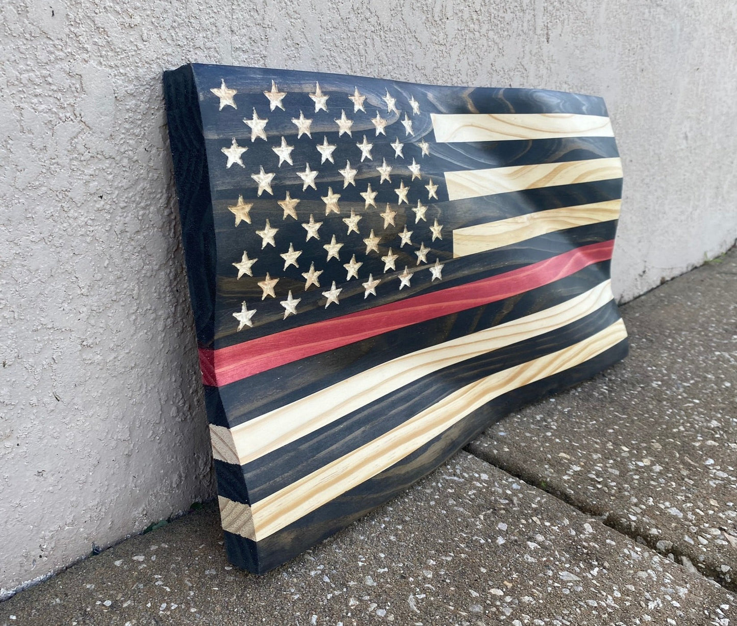 Waving Wooden Thin Red Line Firefighter Flag