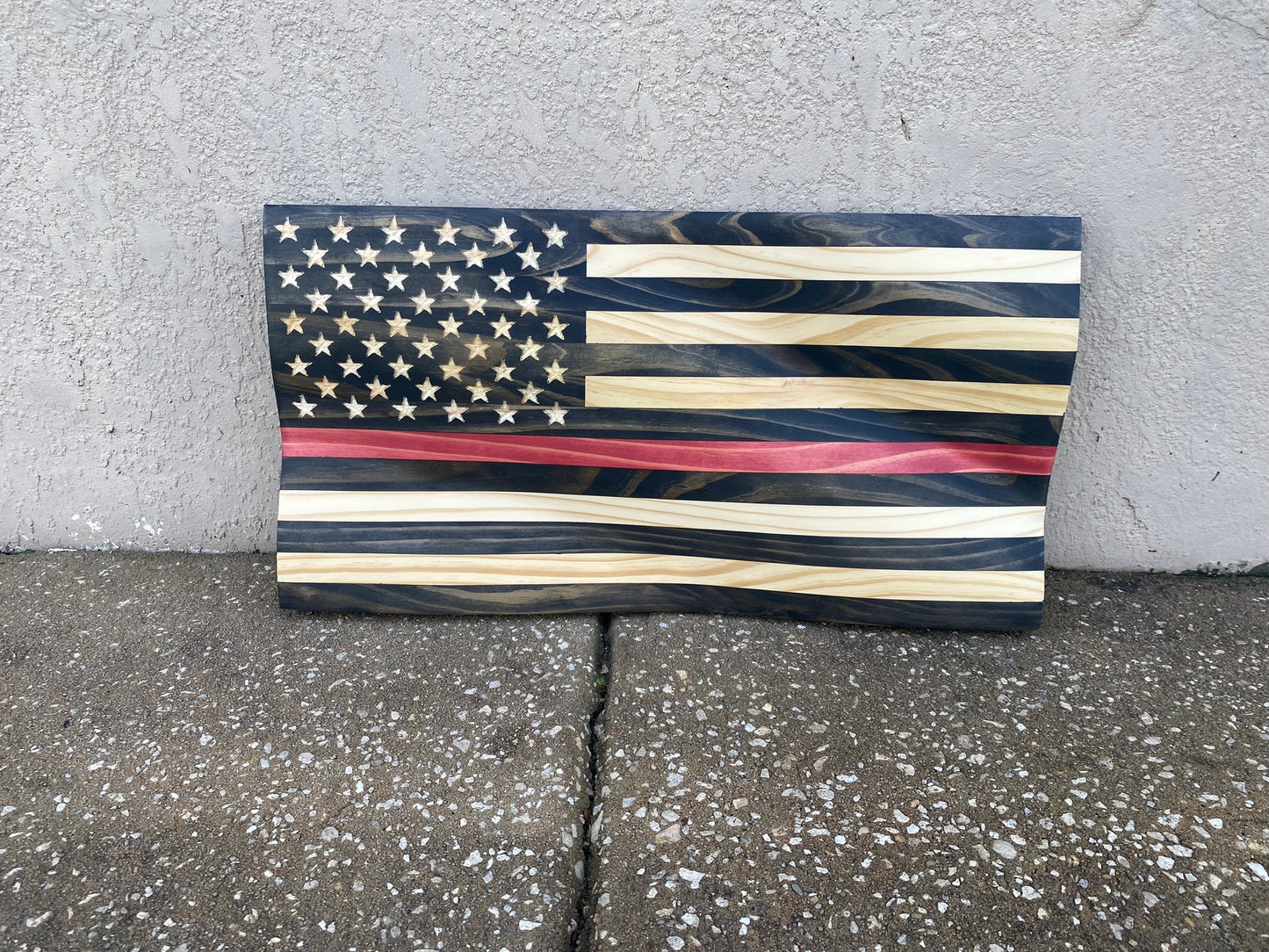 Waving Wooden Thin Red Line Firefighter Flag