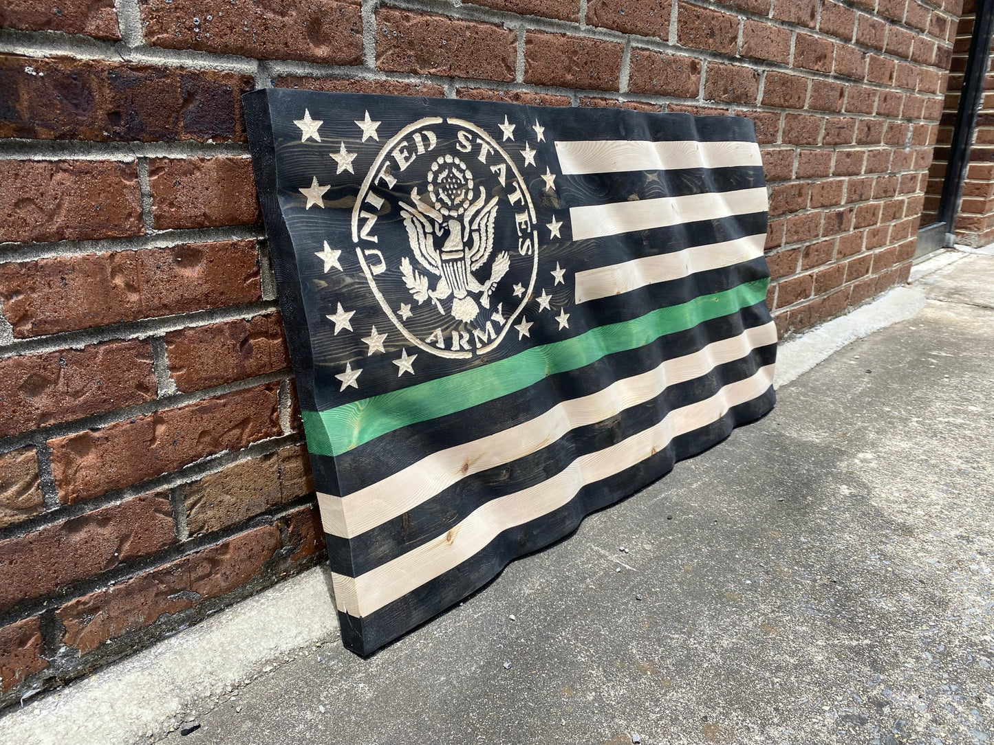 Waving Wooden Thin Green Line Armed Forces Flag