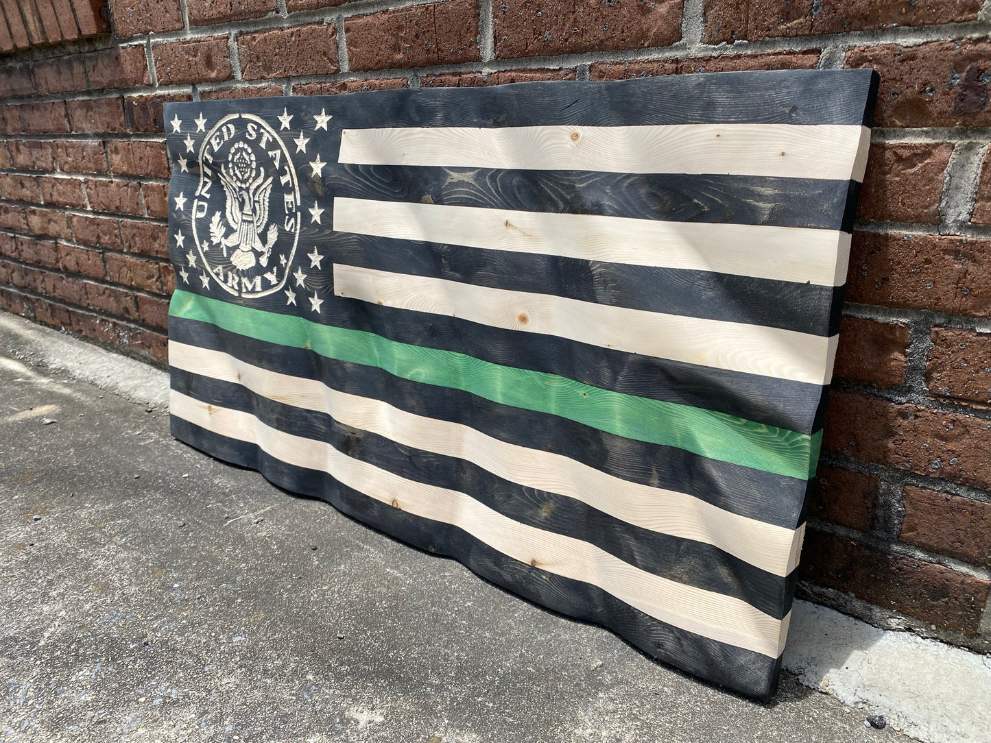 Waving Wooden Thin Green Line Armed Forces Flag