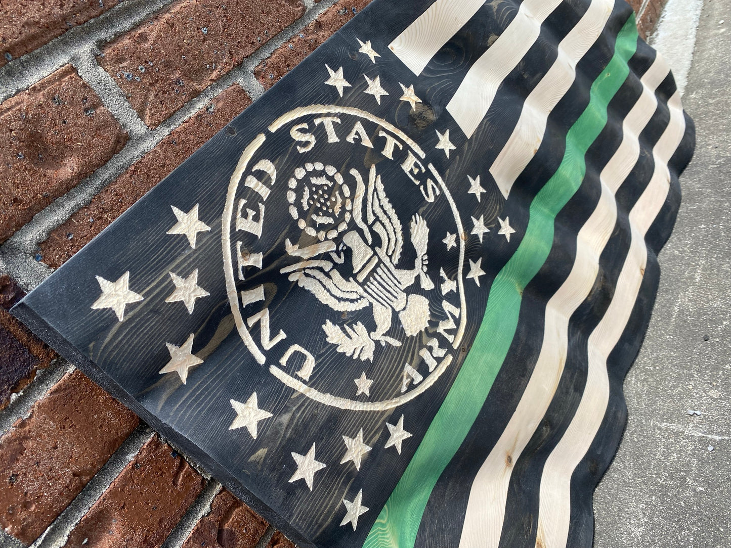 Waving Wooden Thin Green Line Armed Forces Flag