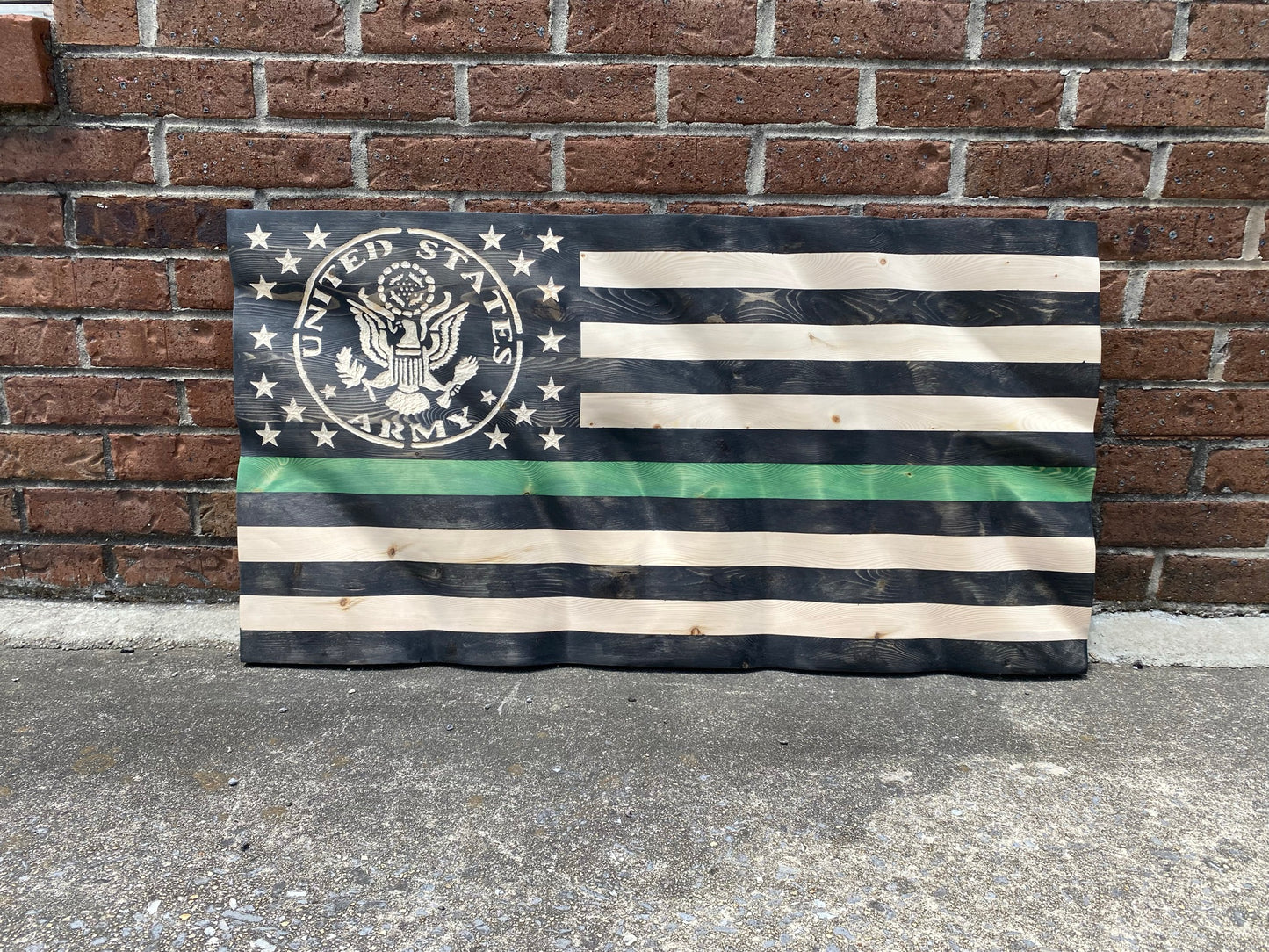 Waving Wooden Thin Green Line Armed Forces Flag