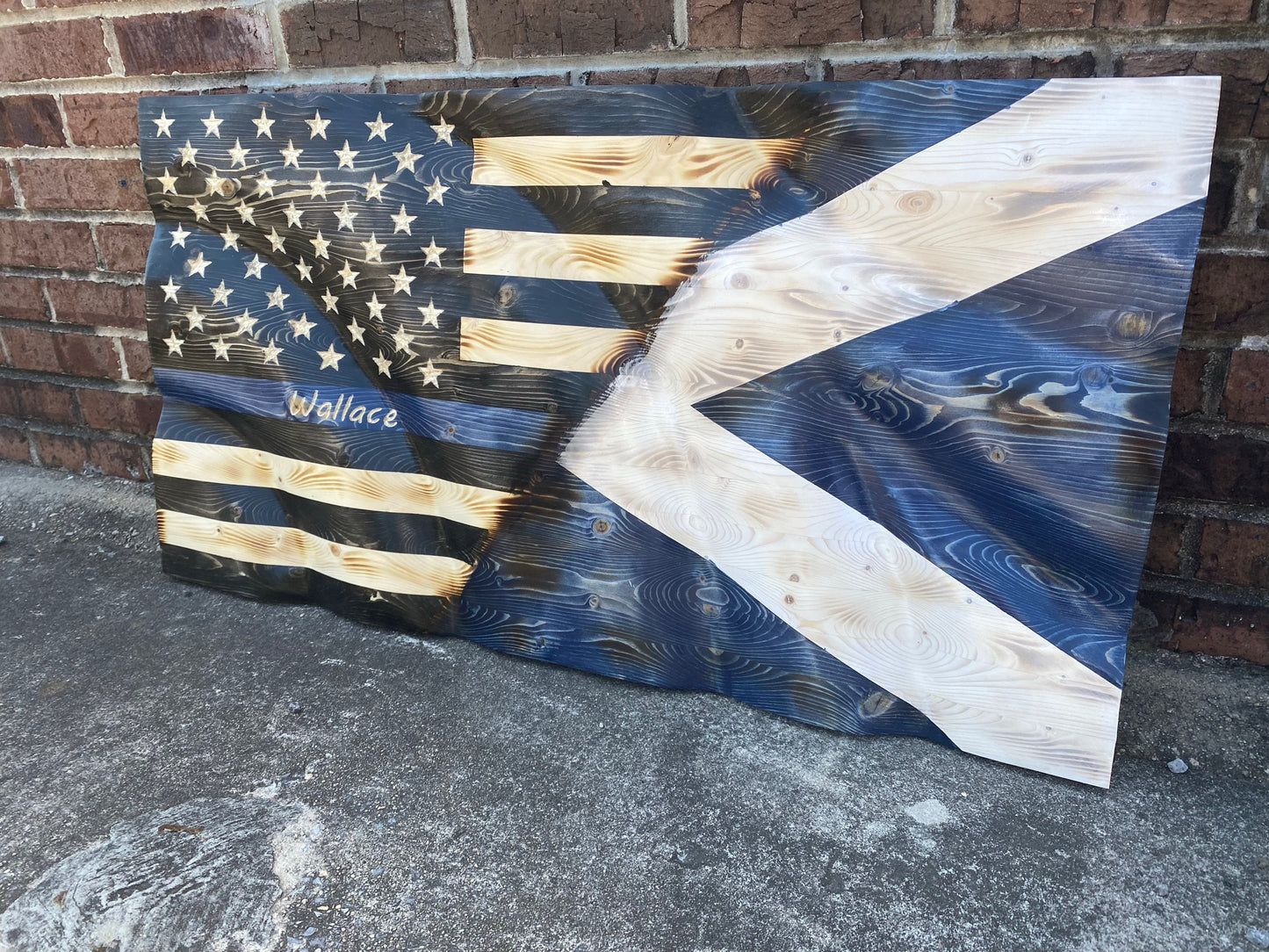 Waving Wooden Half Scotland/Half Police Thin Blue Line Flag
