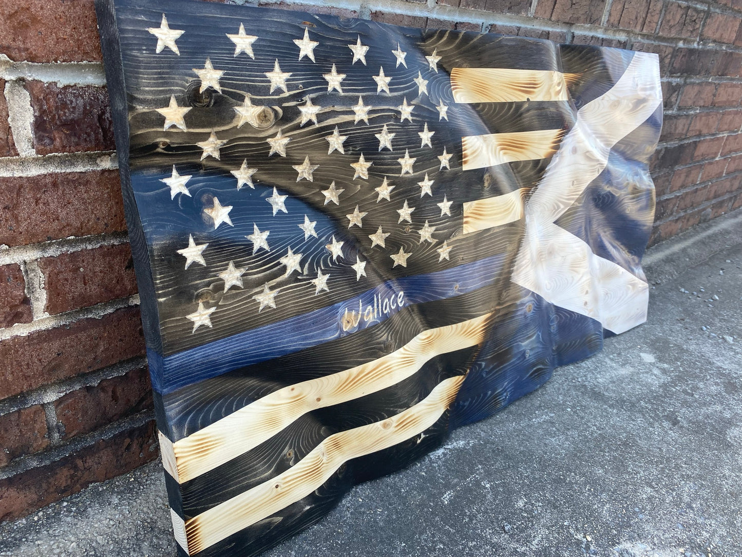 Waving Wooden Half Scotland/Half Police Thin Blue Line Flag