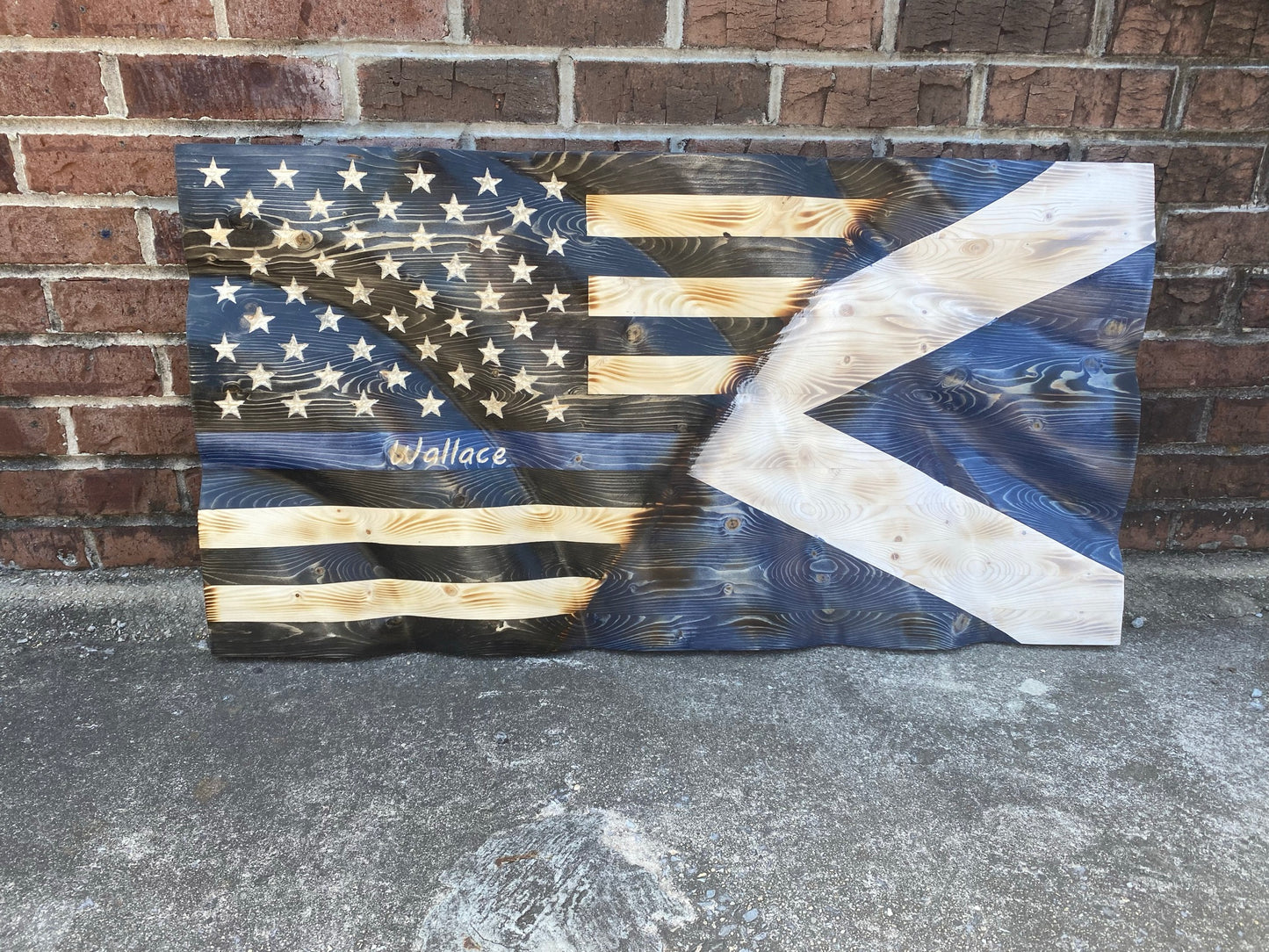 Waving Wooden Half Scotland/Half Police Thin Blue Line Flag