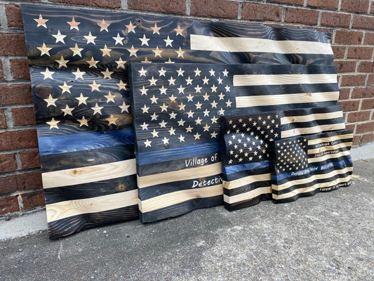 Waving Wooden Thin Blue Line Police Flag