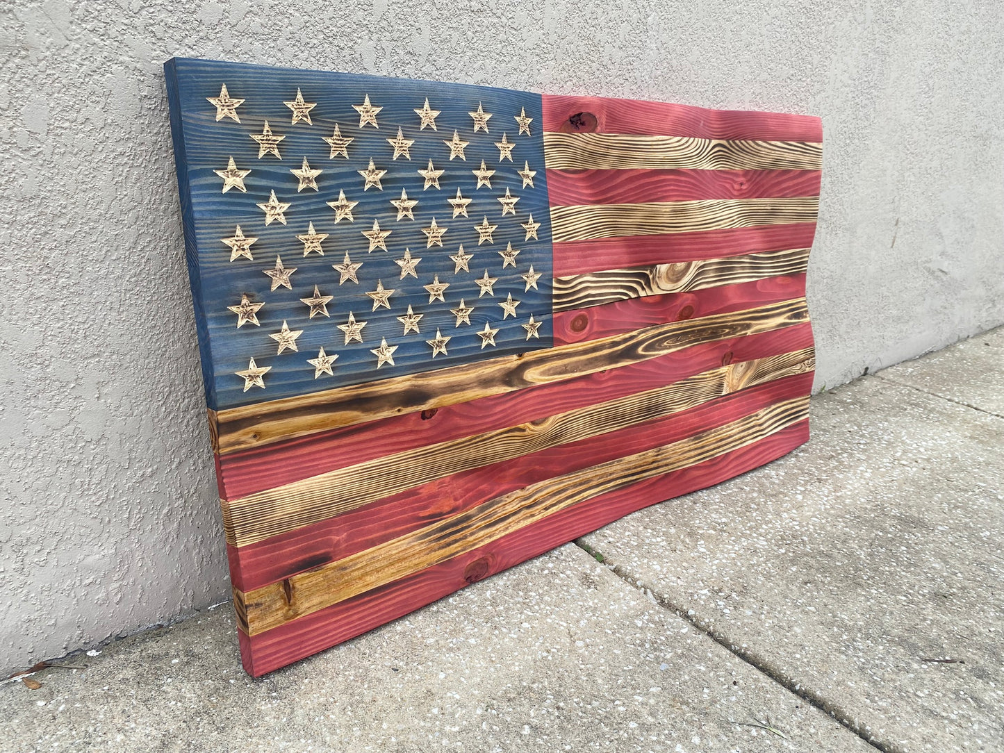 Waving Wooden Extra Rustic Wood Burnt American Flag