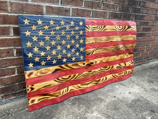 Waving Wooden Extra Rustic Wood Burnt American Flag