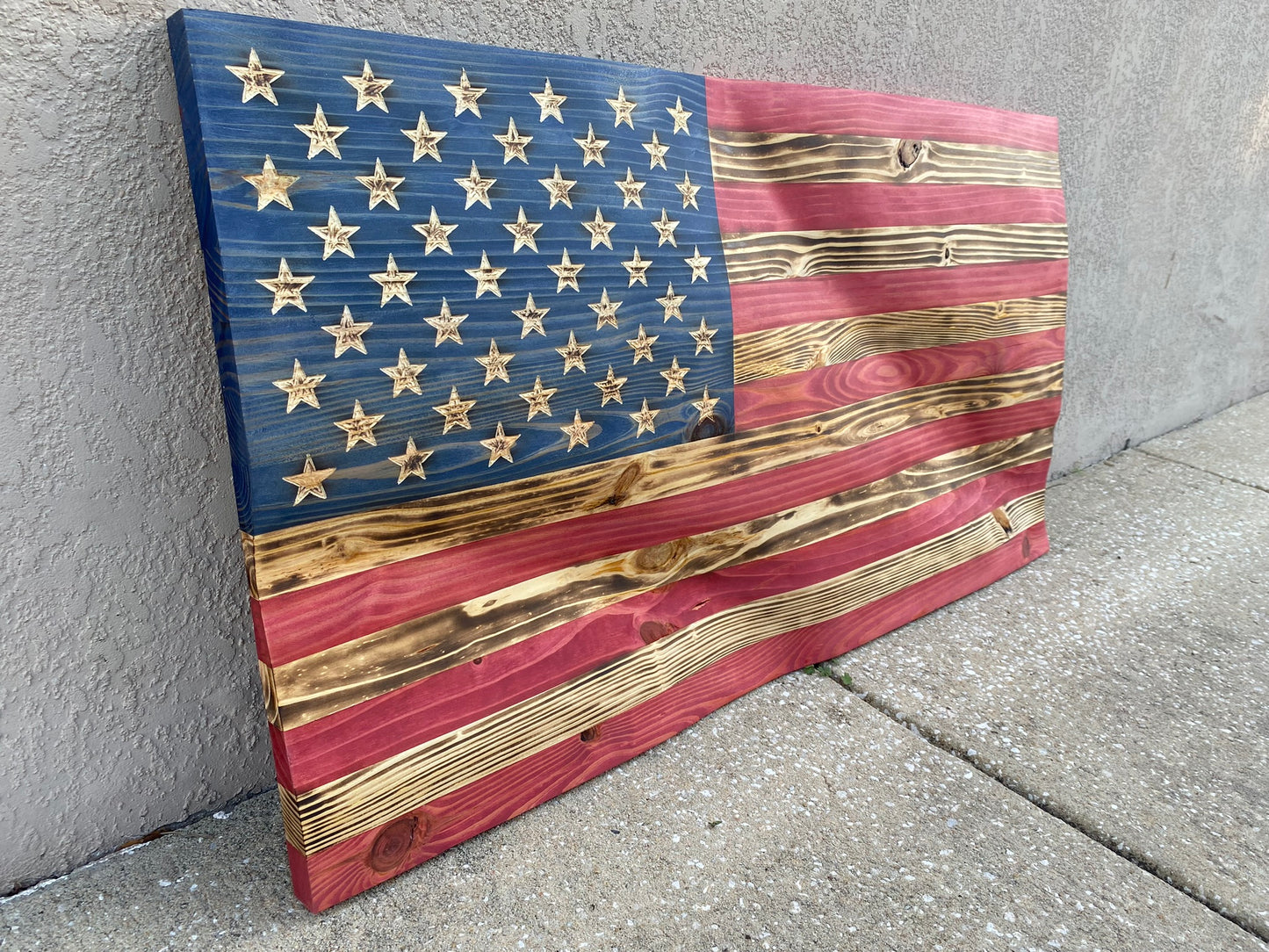 Waving Wooden Extra Rustic Wood Burnt American Flag
