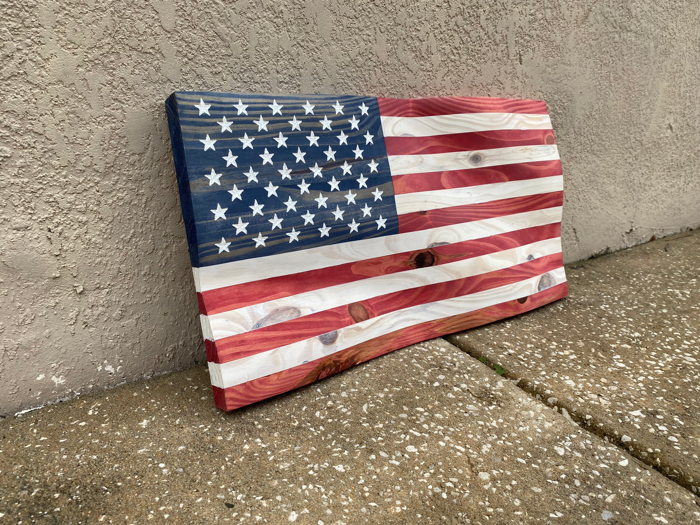 Waving Wooden American Flag Wall Art Decoration With White Stars and Stripes