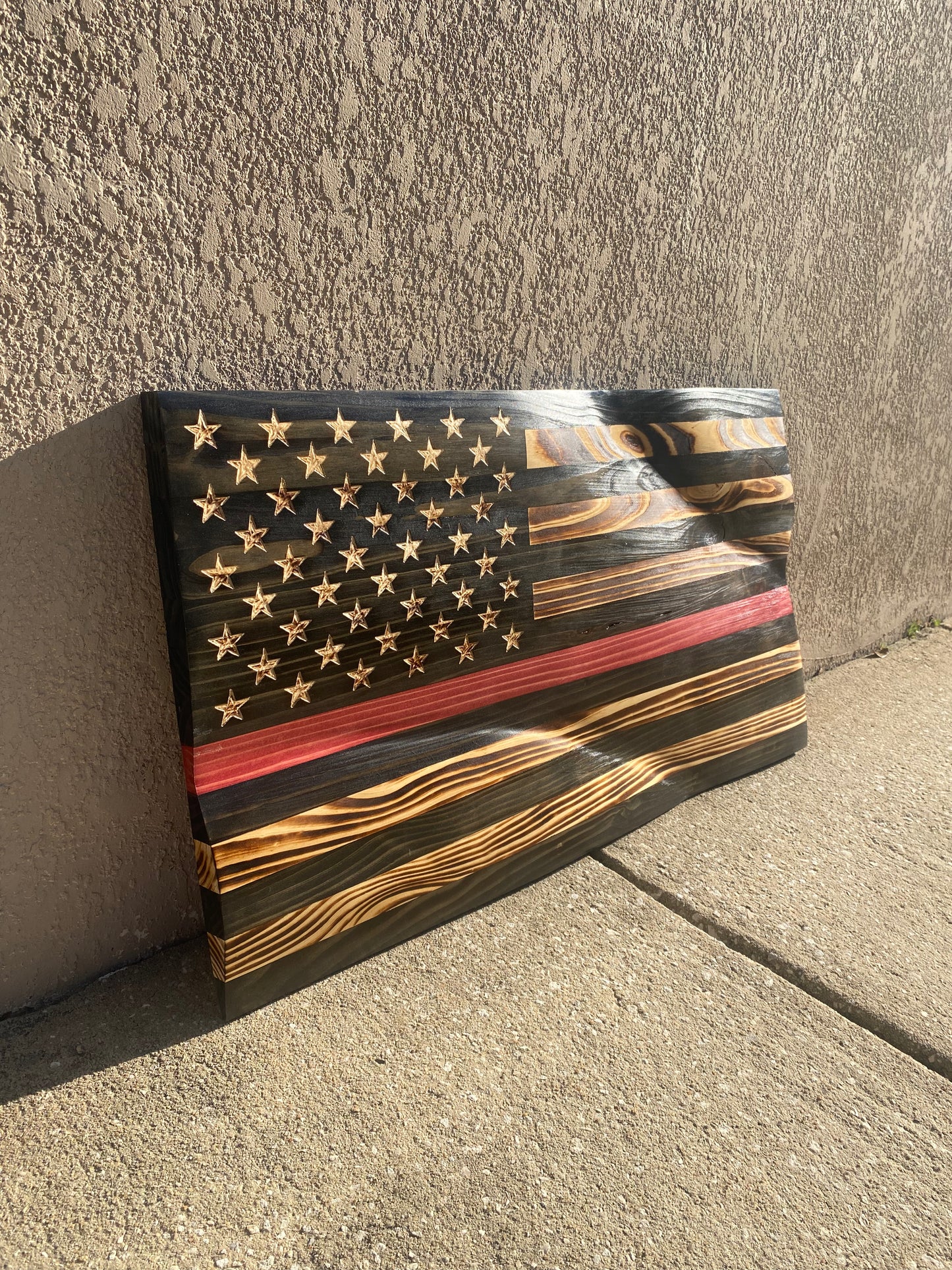 Waving Wooden Extra Rustic Wood Burnt Thin Red Line Firefighter Flag
