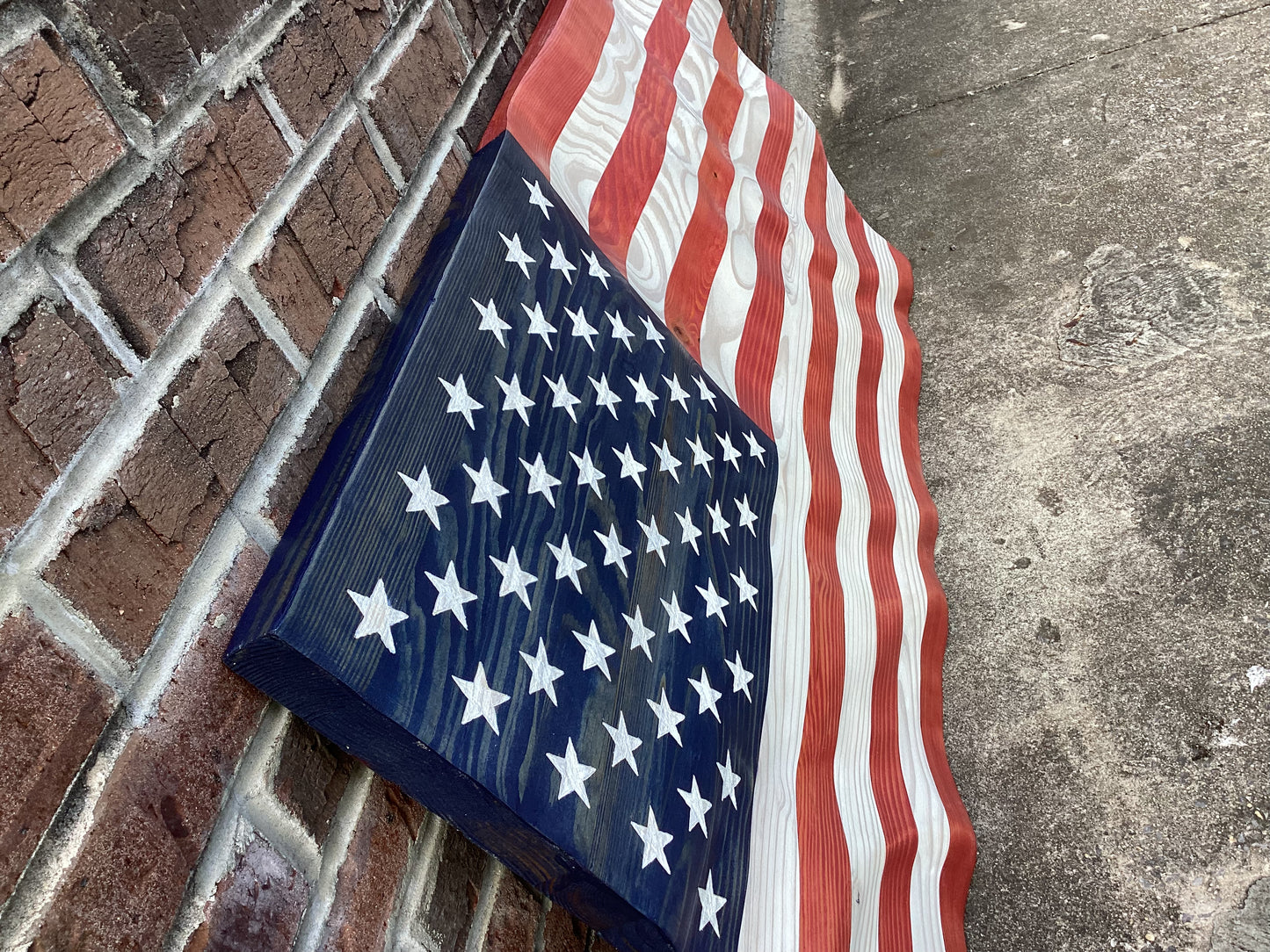 Waving Wooden American Flag Wall Art Decoration With White Stars and Stripes