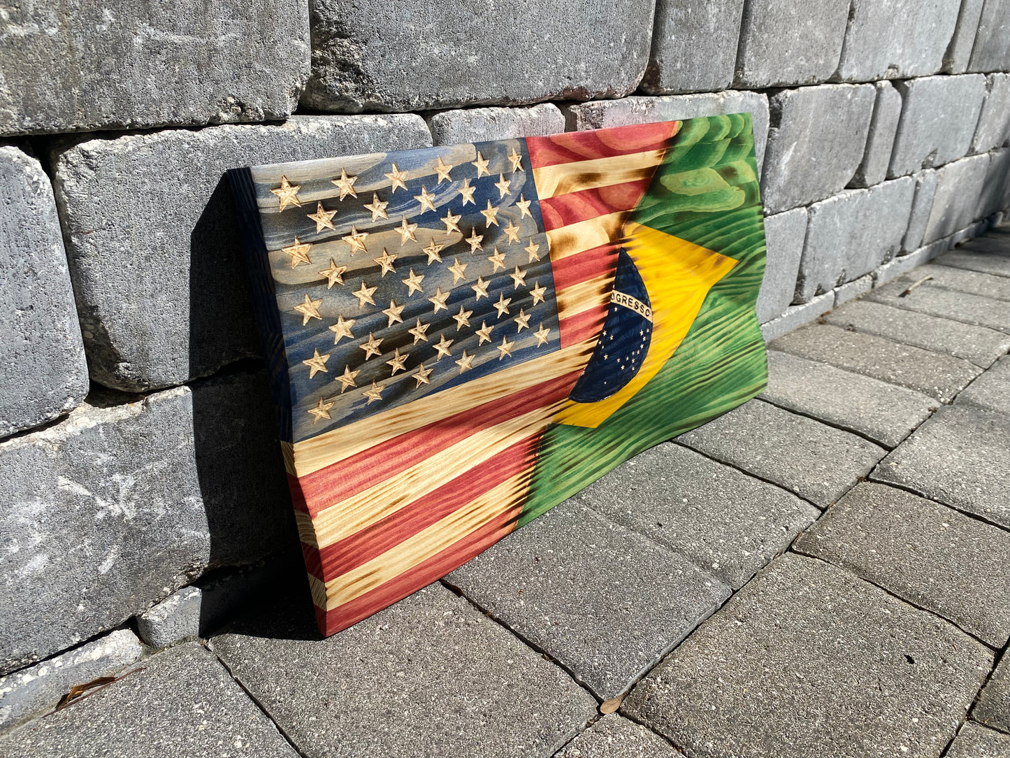 Waving Wooden Rustic Wood Burnt Half Brazil/Half American Flag